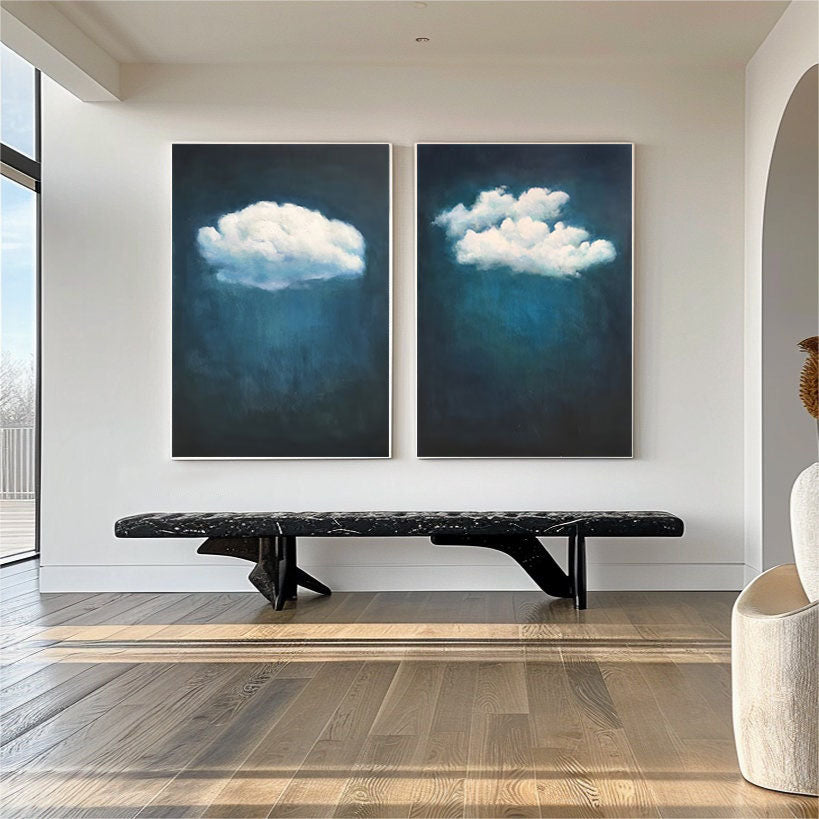 Teal Tranquility Cloud Paintings for Modern Home Decor Set Of 2 #OS 072