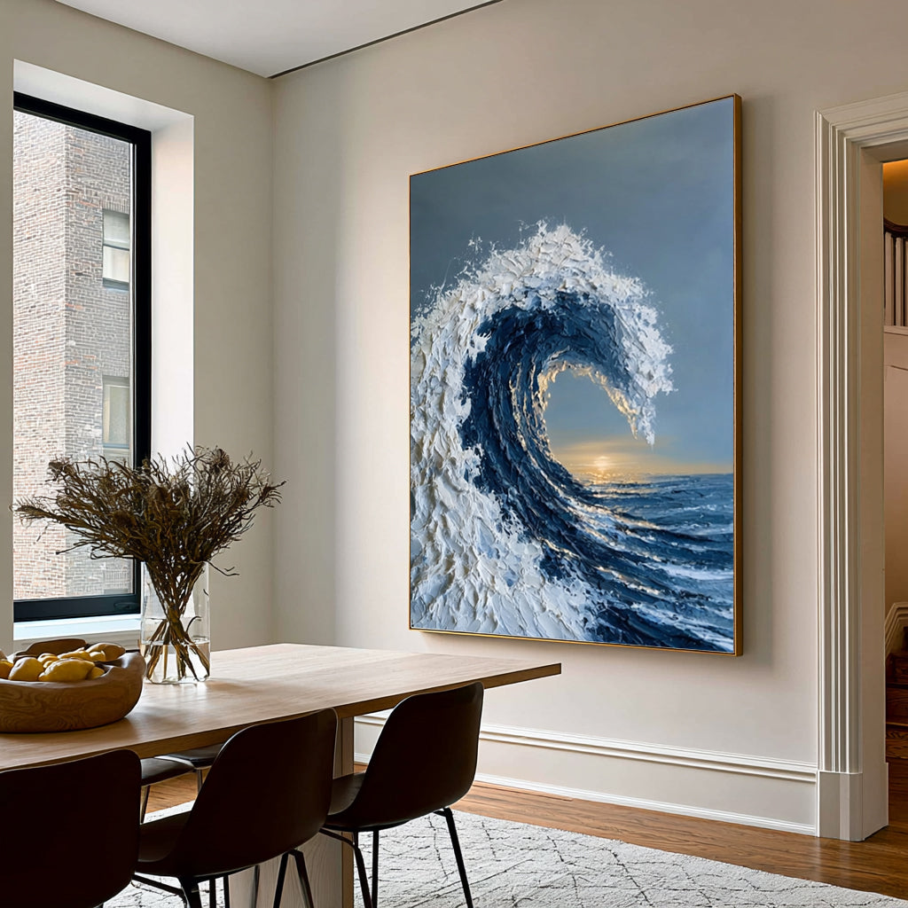 Large Textured Ocean Wave Wall Art Abstract Oil Painting Blue Sea Sunset Horizon Coastal Artwork Modern Home Interior Decor