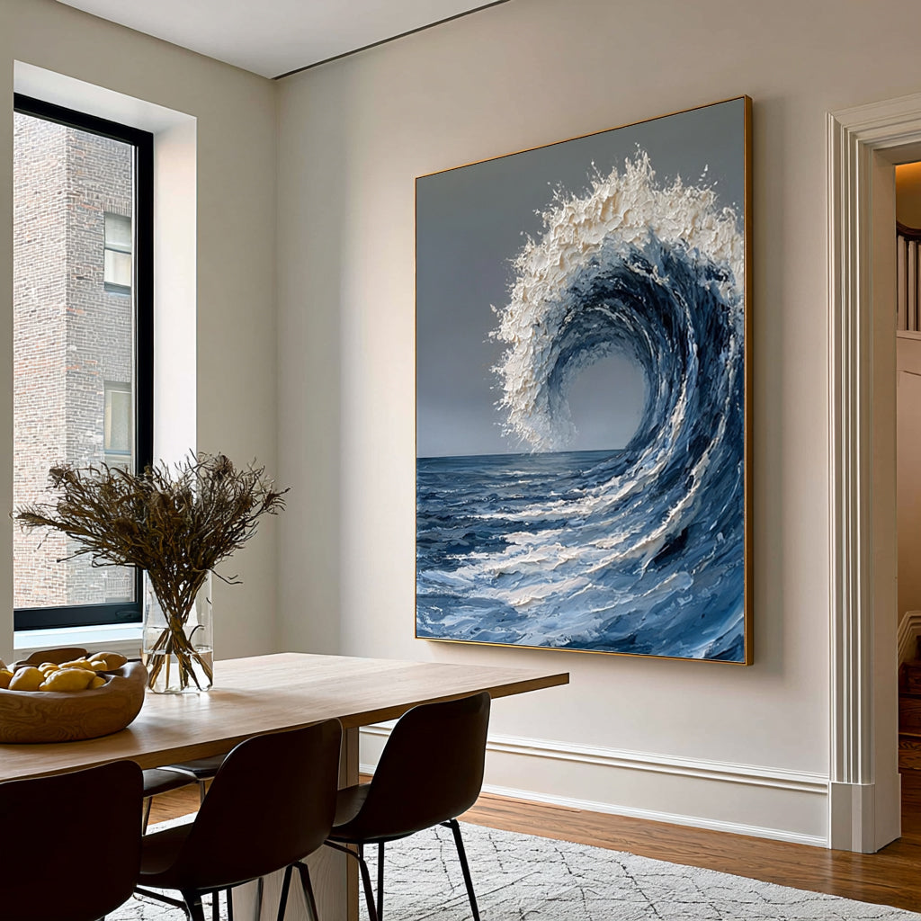 Large Textured Ocean Wave Wall Art Abstract Oil Painting Blue Sea Foam Coastal Artwork Modern Beach House Luxury Decor