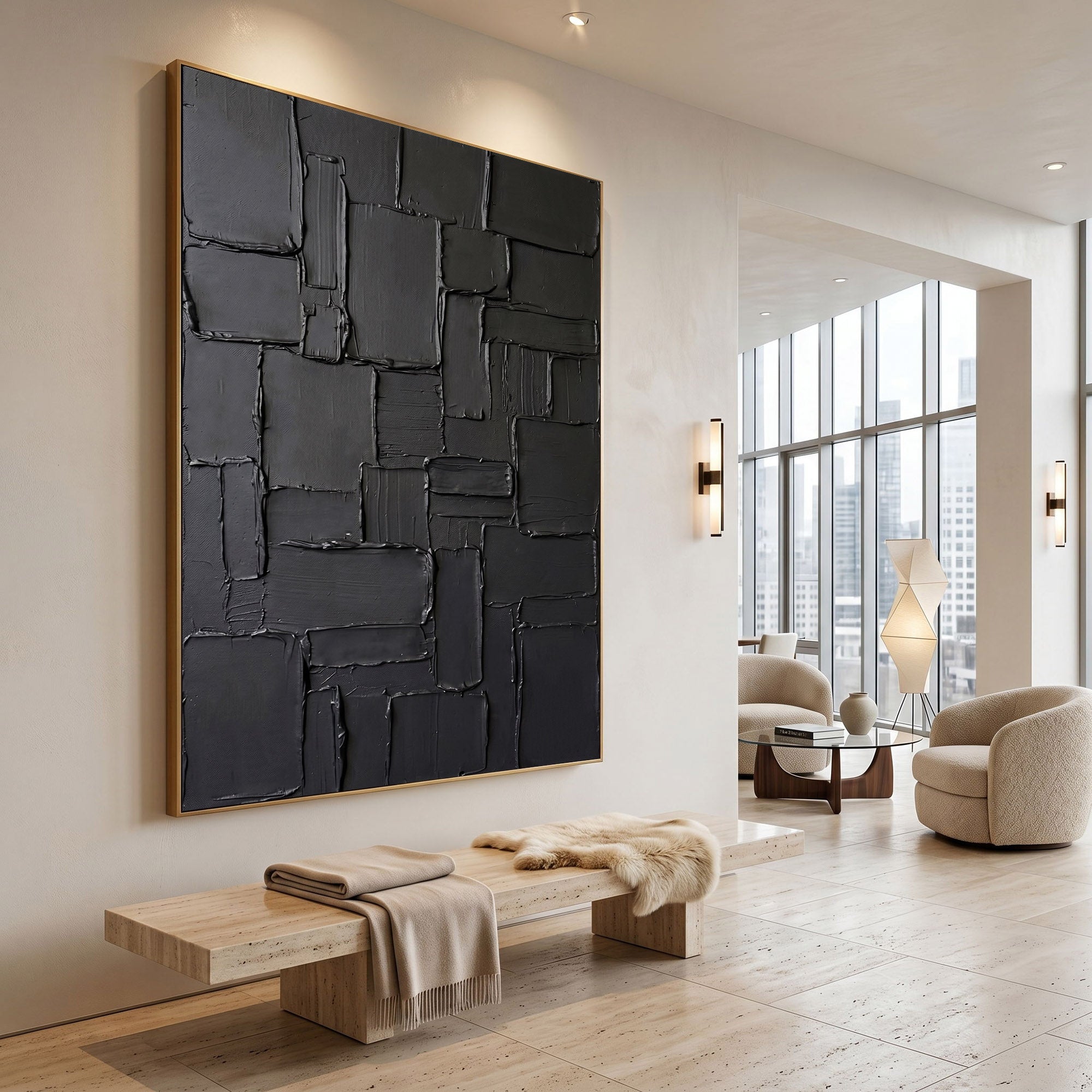 Large Black Abstract Wall Art Geometric Textured Oil Painting Modern Impasto Contemporary Interior Decor