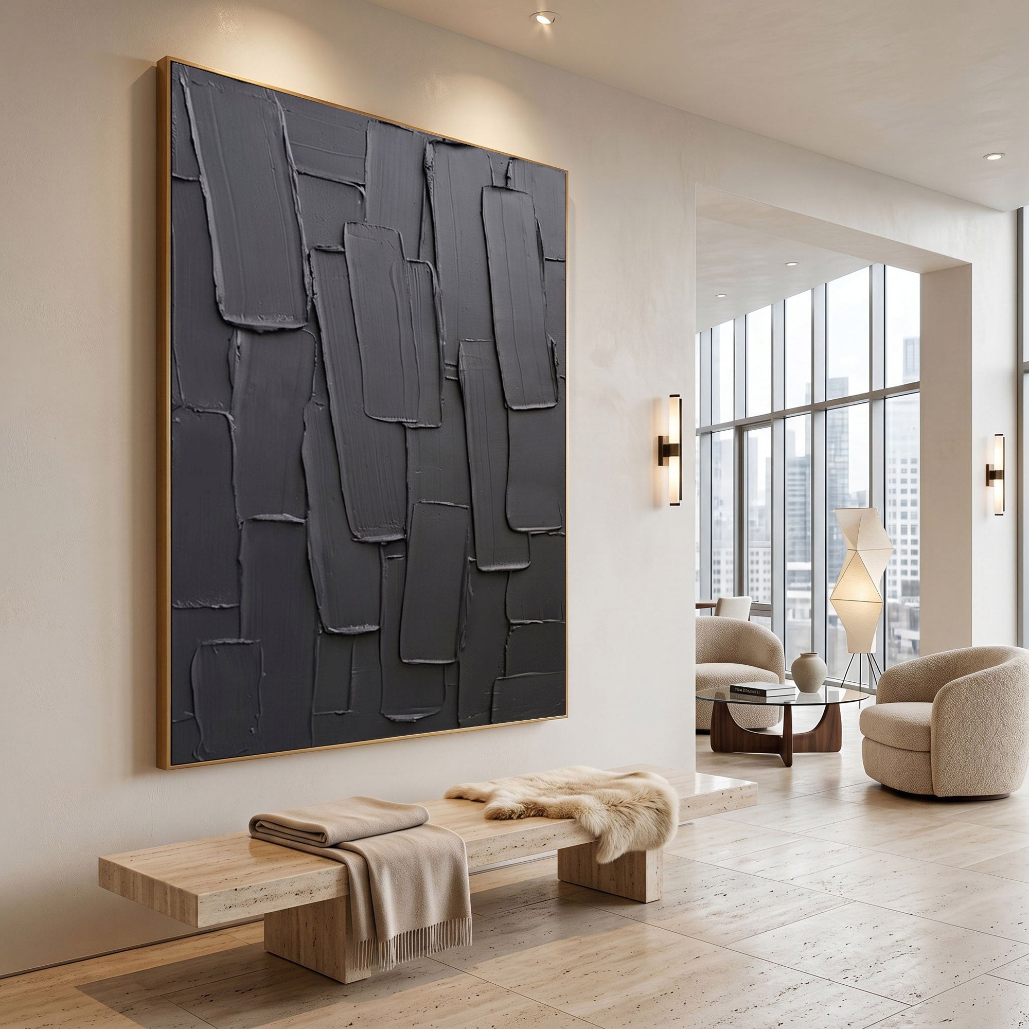 Large Charcoal Textured Wall Art Abstract Oil Painting Modern Impasto Minimalist Luxury Interior Decor