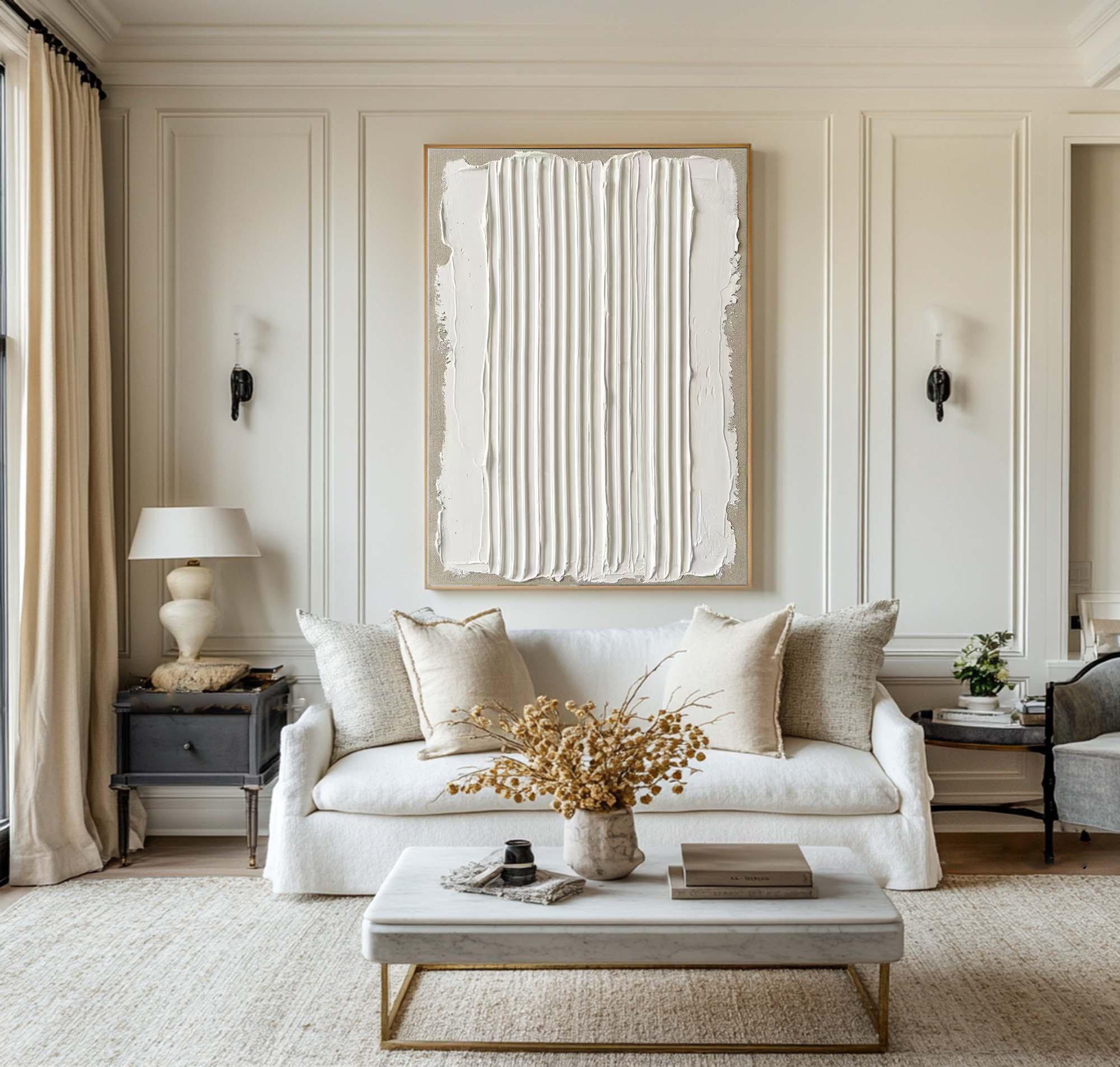 Large Neutral Oil Painting with Vertical Plaster Texture for Contemporary Interiors
