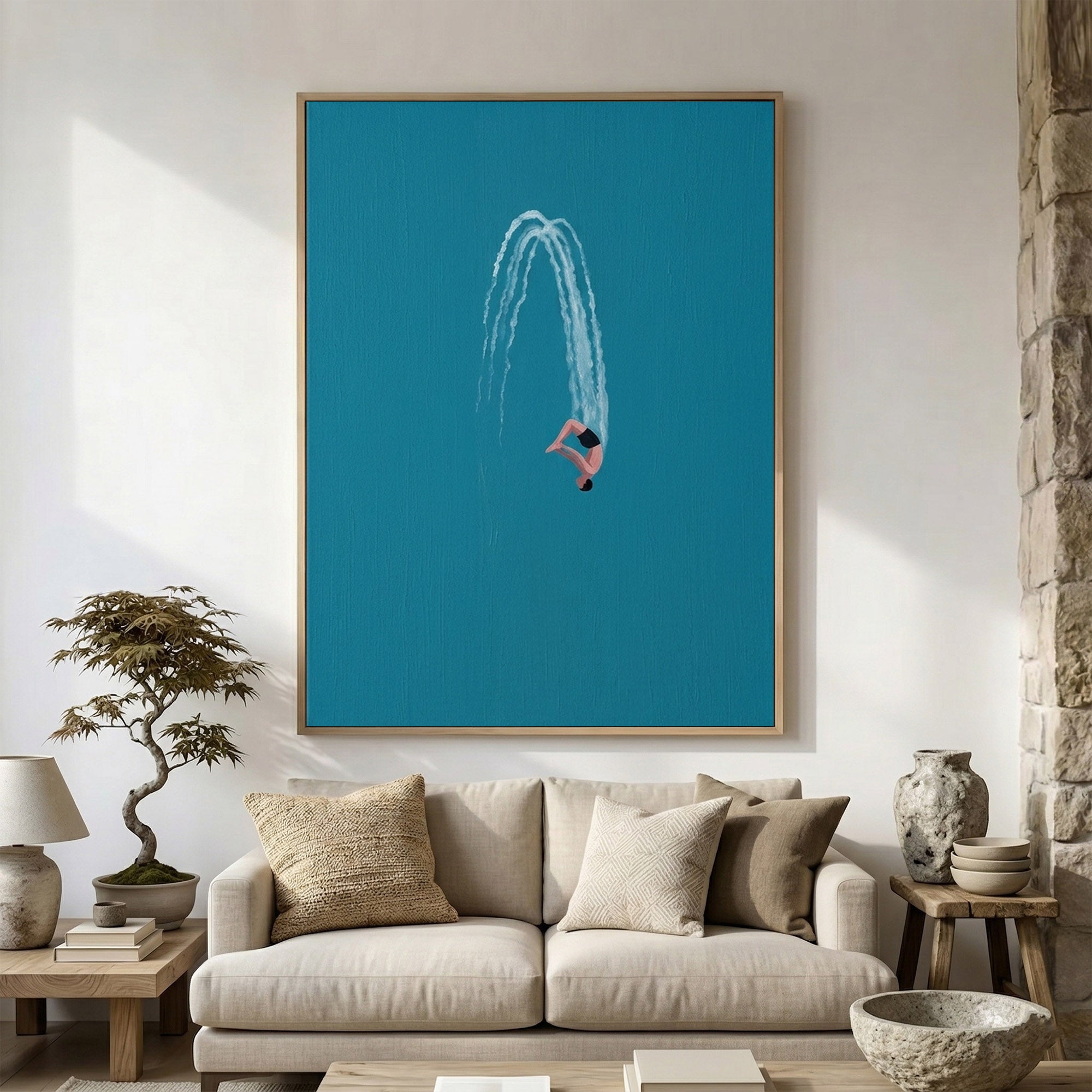 Large Contemporary Diver Wall Art Minimalist Blue Ocean Painting 