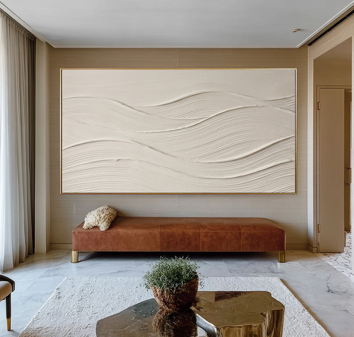 Large Organic Abstract Flowing Lines Wall Art White Textured Oil Painting Minimalist Sculptural Relief Contemporary Neutral Home Decor