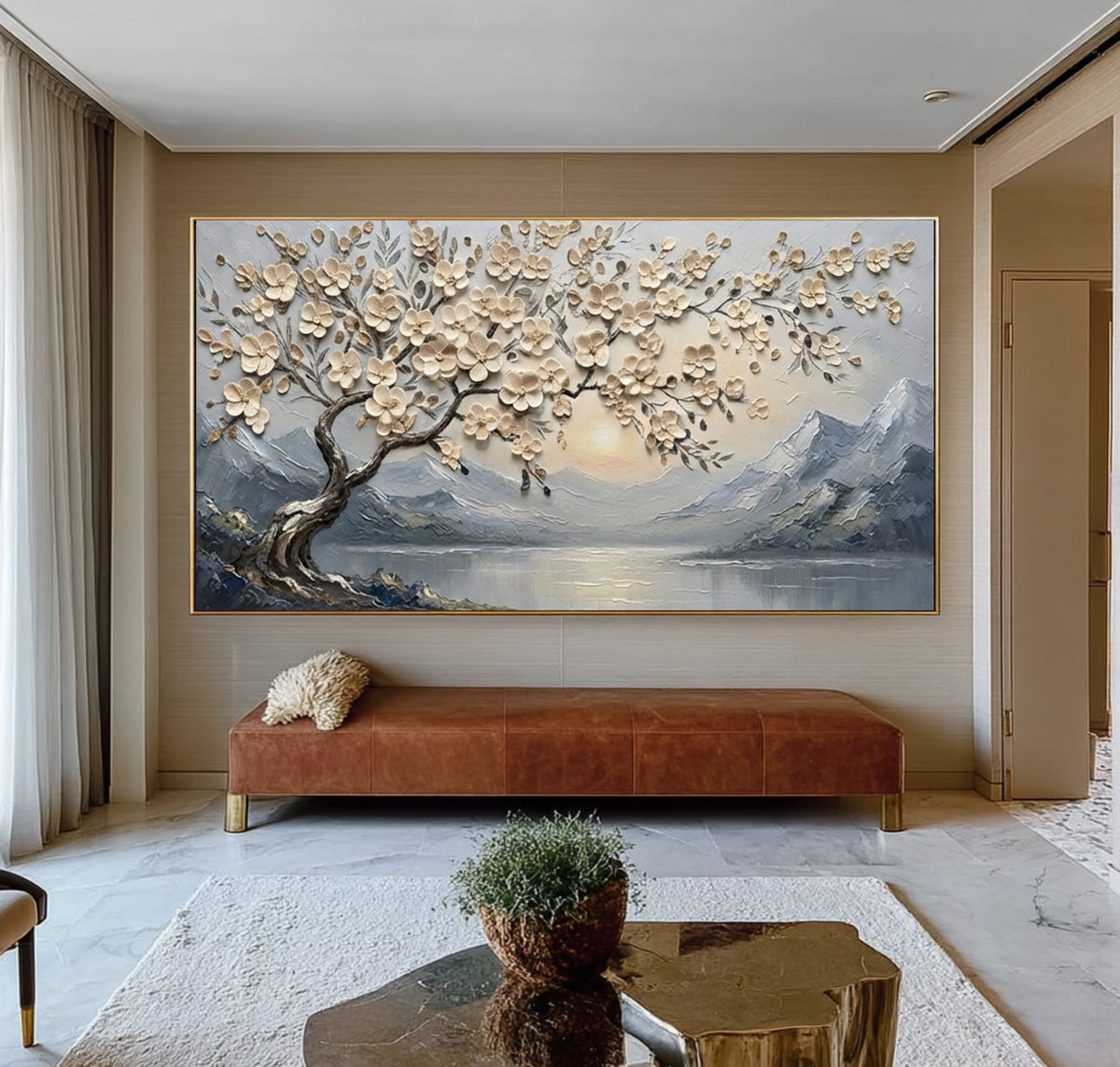 Large Textured Blossom Tree Painting Peaceful Mountain Lake Wall Art