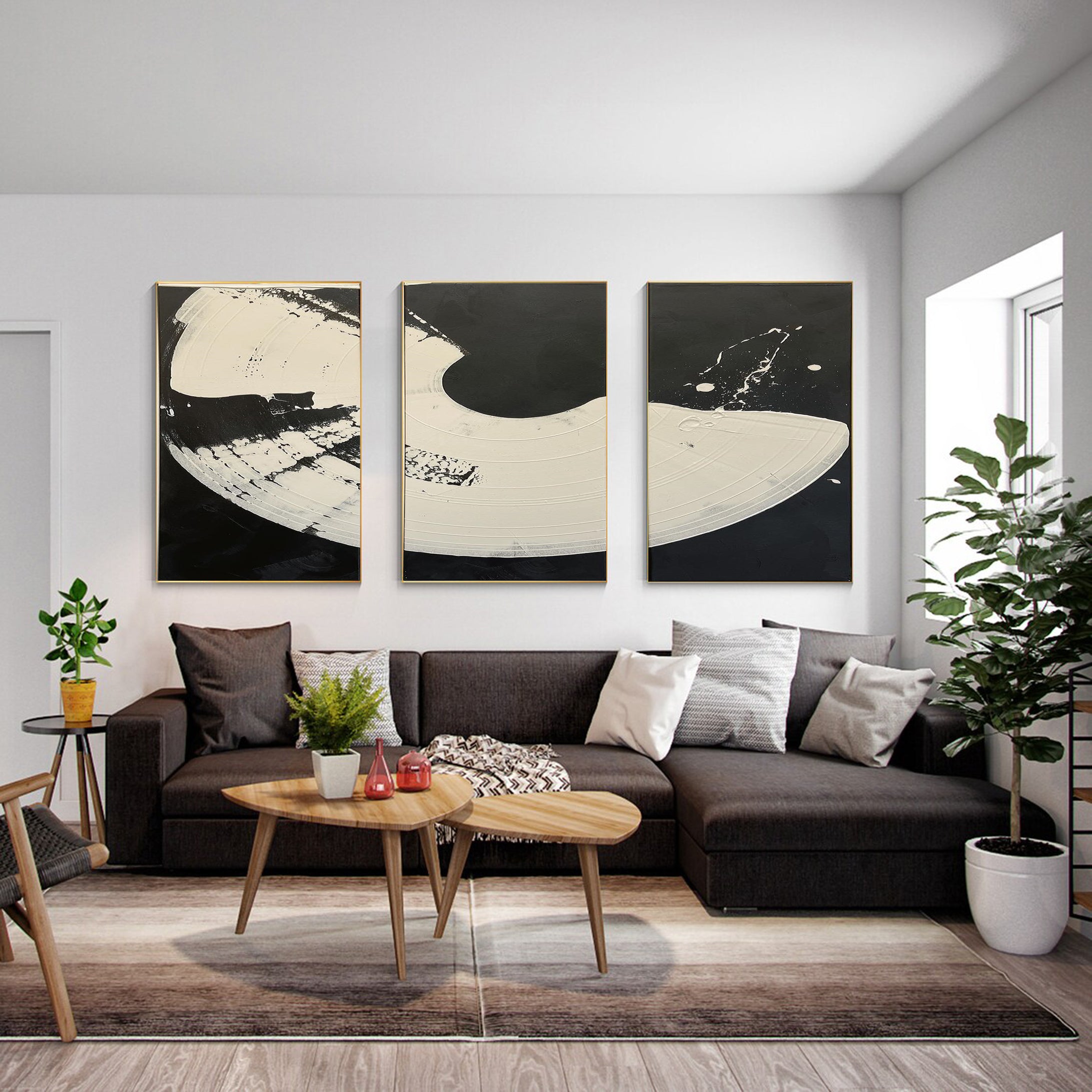 Lunar Phases Abstract Black and White Triptych Canvas Art #MMAS 064