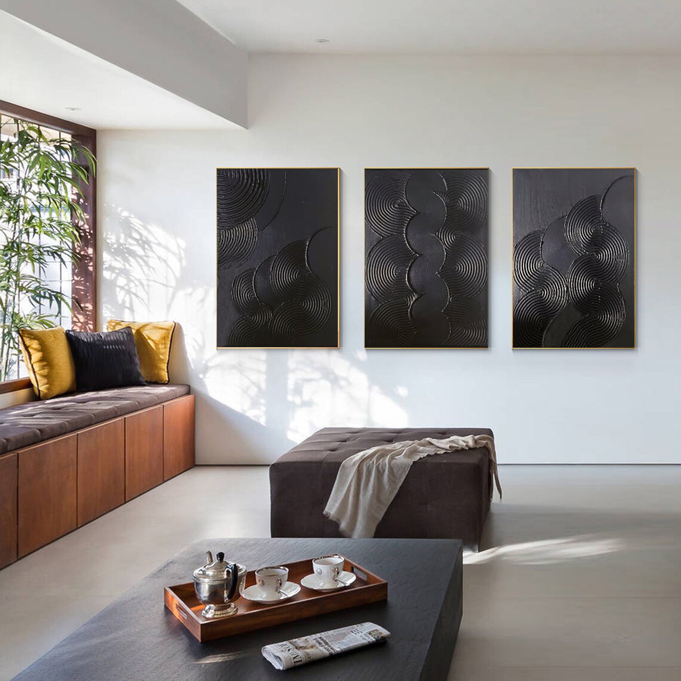 Mystic Rhythms Trio of Black Textured Abstract Paintings #MMAS 063