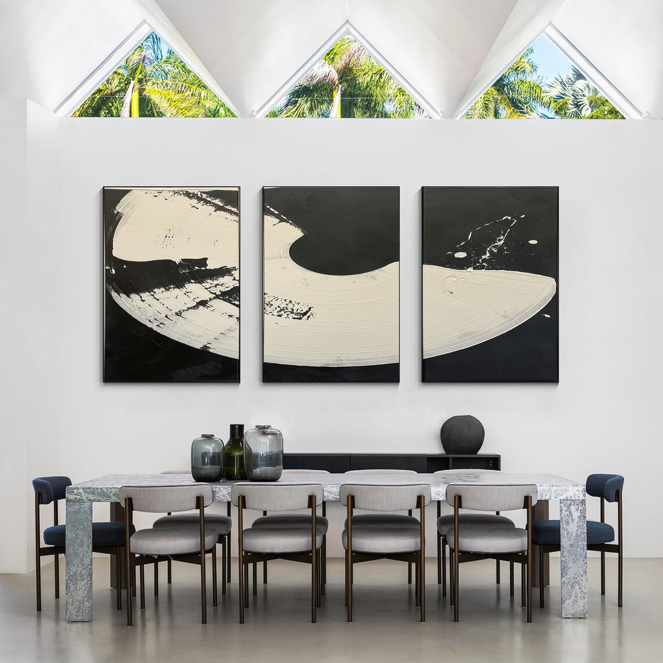 Lunar Phases Abstract Black and White Triptych Canvas Art #MMAS 064