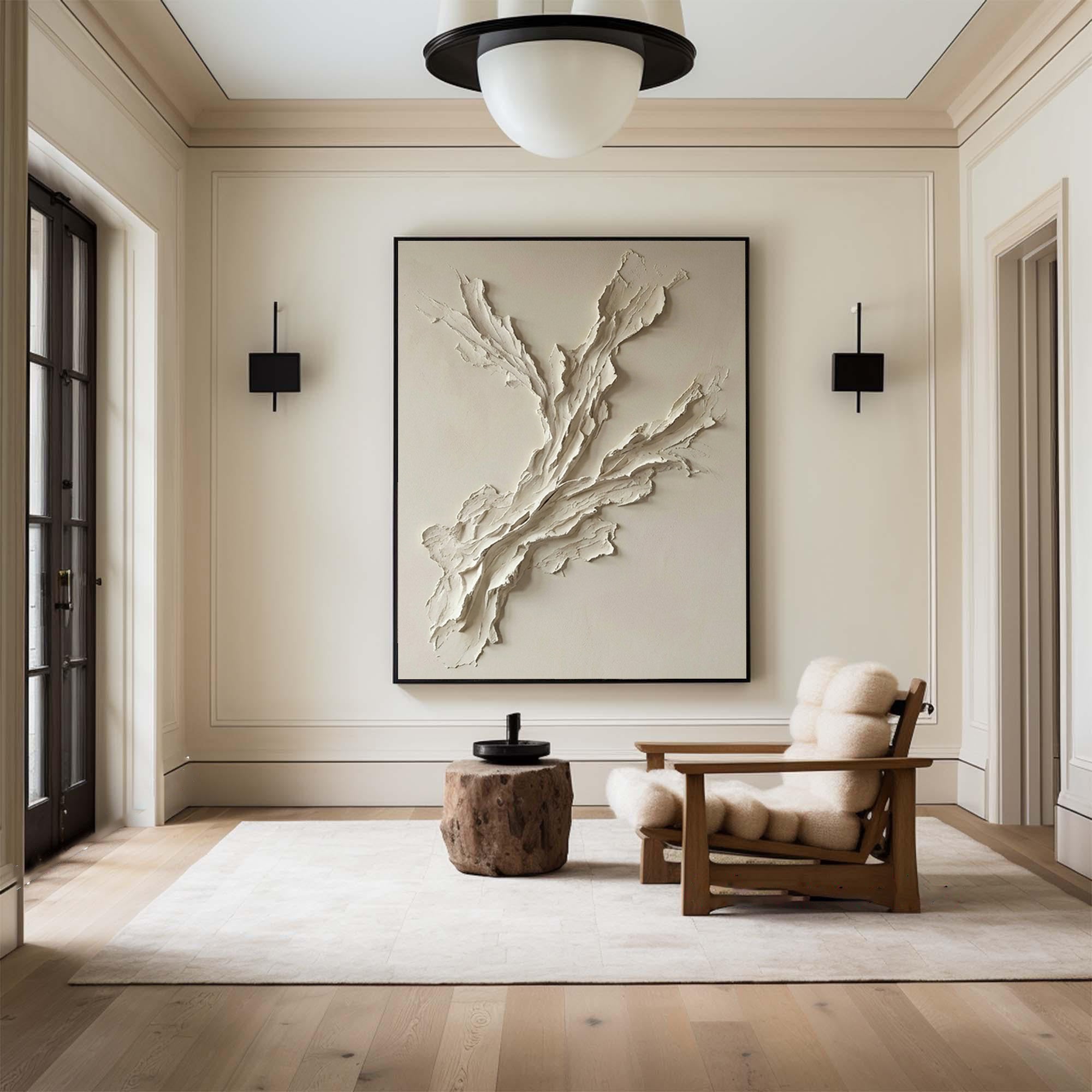 Large Abstract Neutral Oil Painting with Sculptural Branch Texture Design