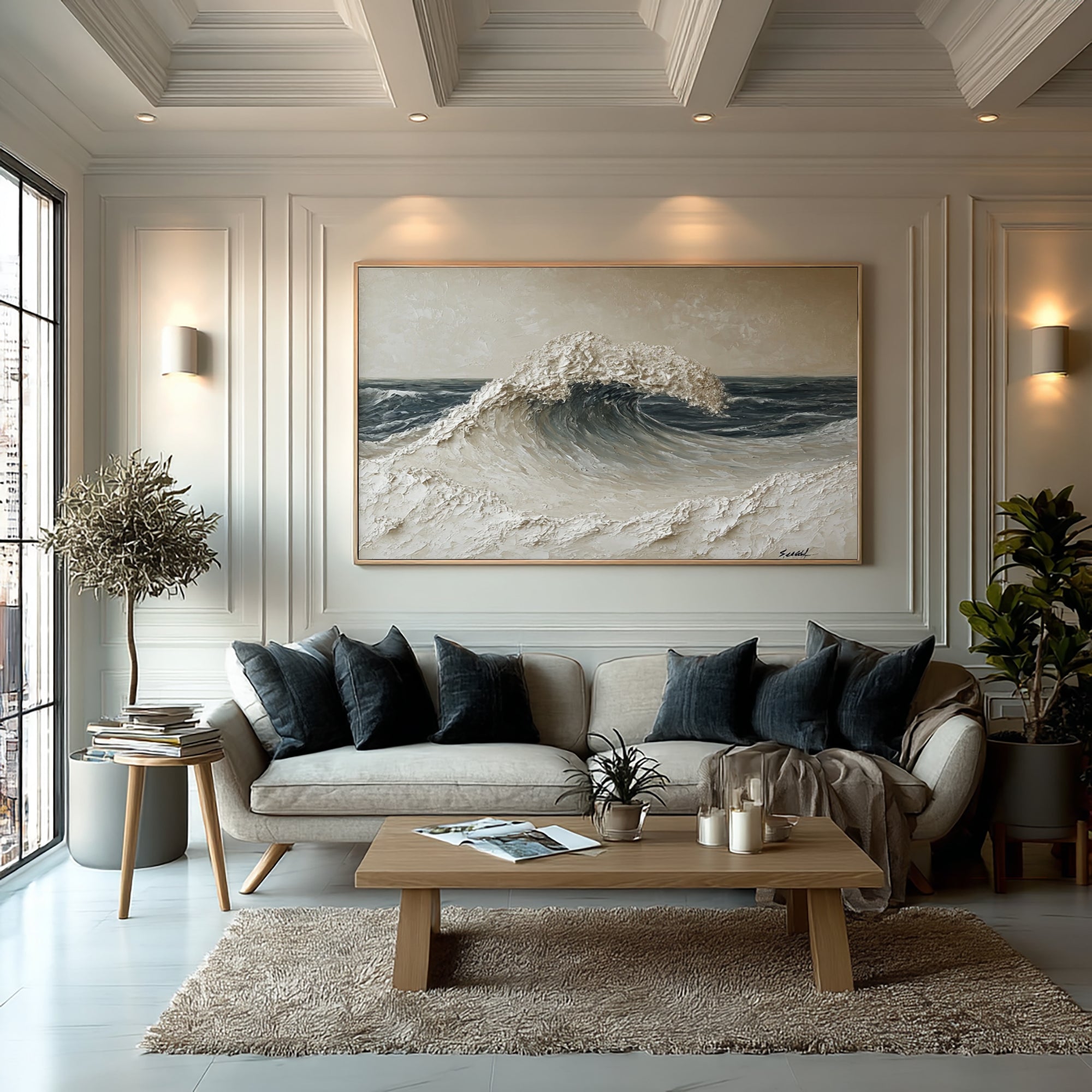 Large Abstract Ocean Wave Wall Art Textured Oil Painting Seascape Cowboy Cowgirl Inspired Vintage Americana Western Artwork Modern Home Decor