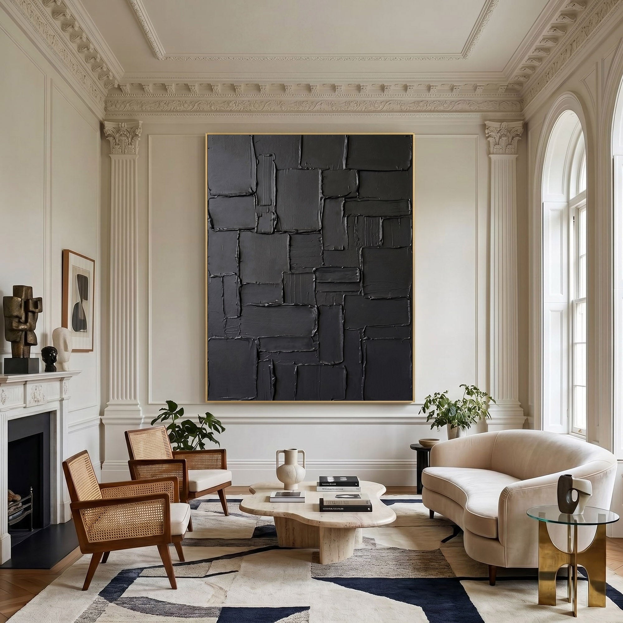 Large Black Abstract Wall Art Geometric Textured Oil Painting Modern Impasto Contemporary Interior Decor