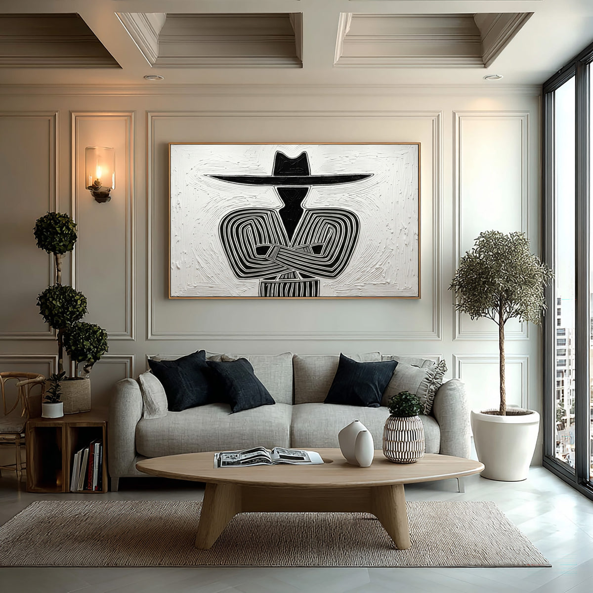 Large Textured Western Cowboy Painting Black White Rustic Wall Art