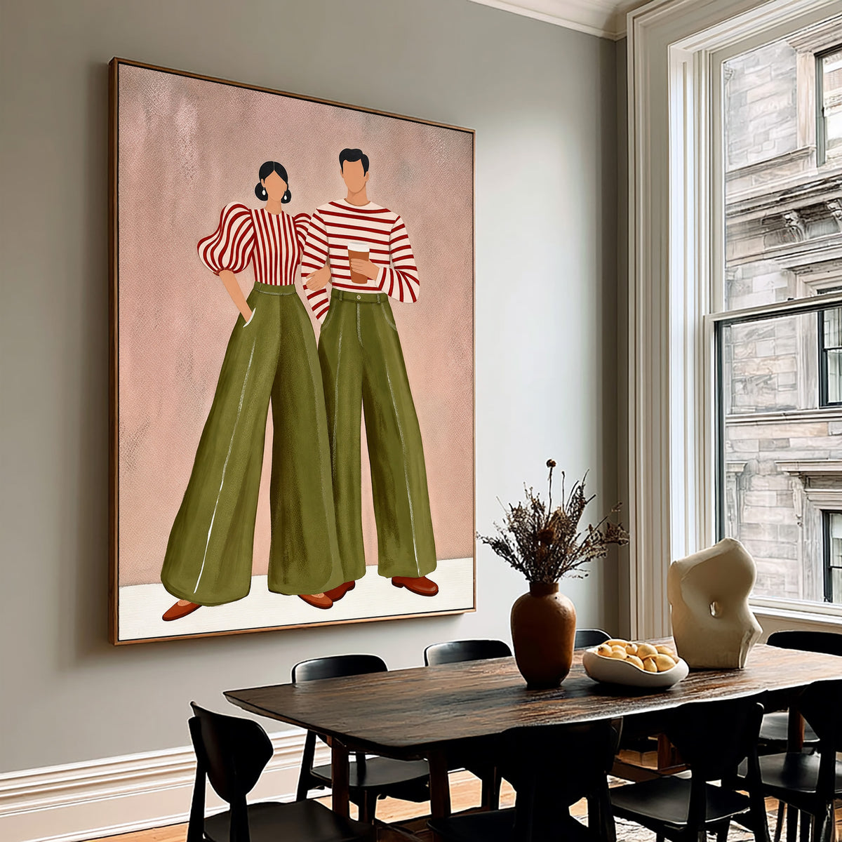 Olive Green Blush Pink Couple Painting Modern Wall Art