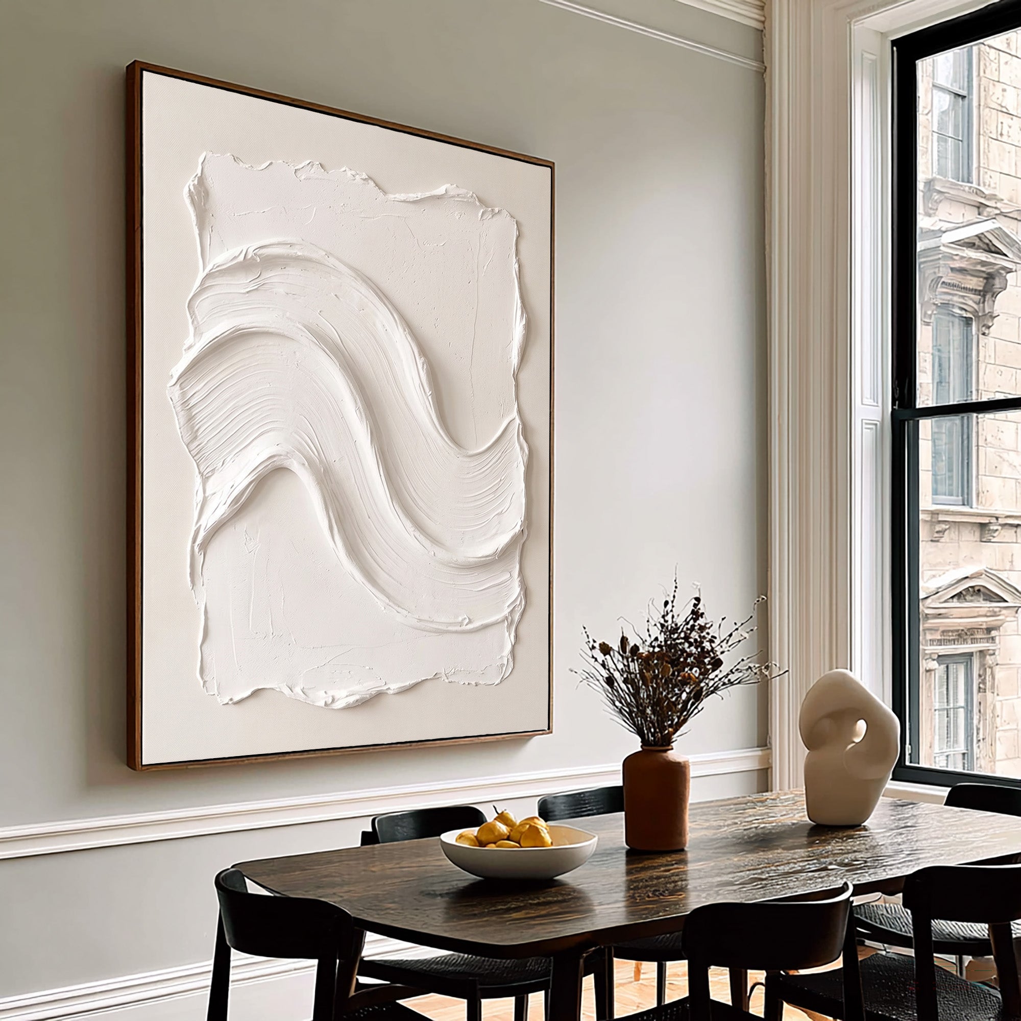 Large Minimalist White Wall Art Textured Oil Painting Abstract Wave Relief Artwork Modern Neutral Interior Decor