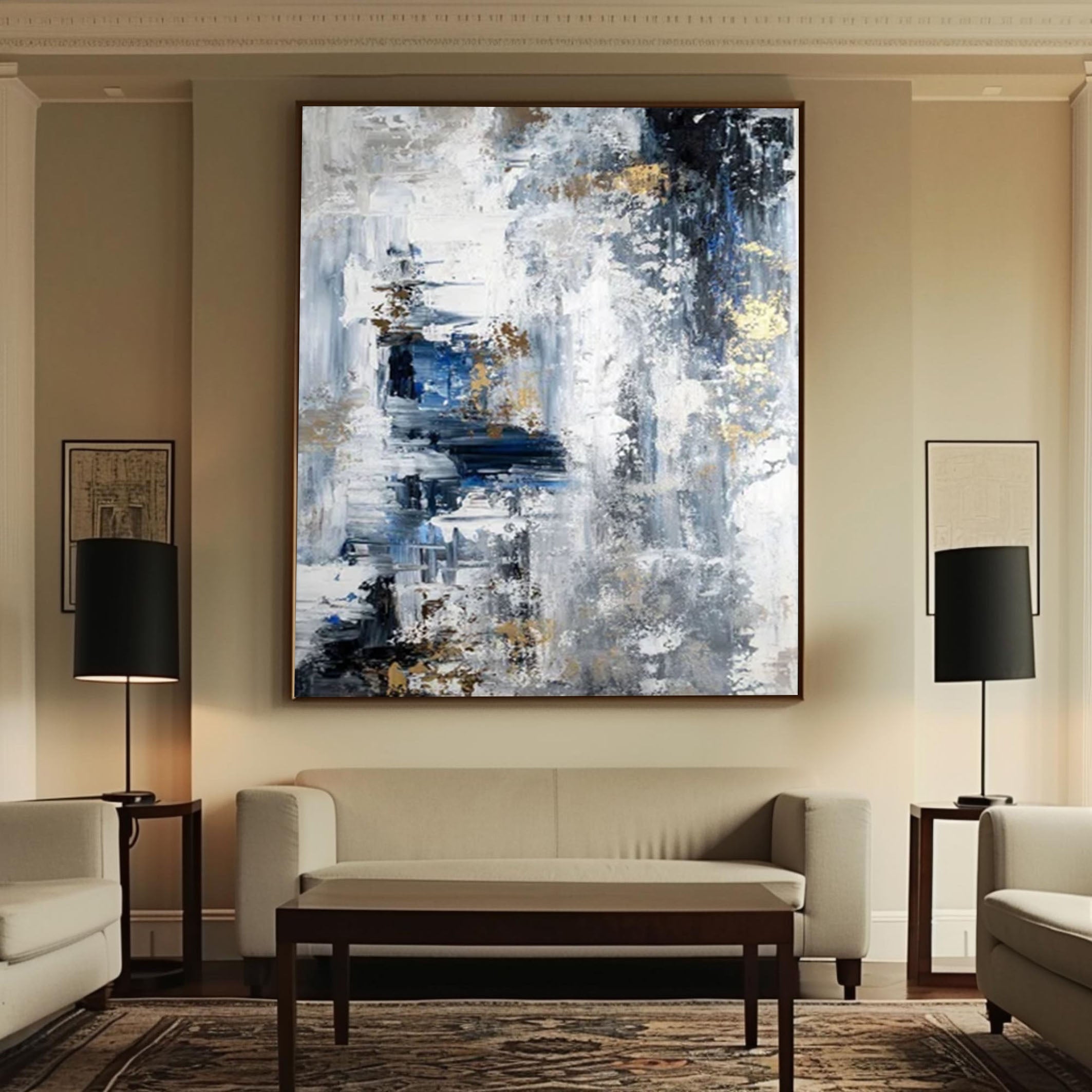 Large Modern Abstract Wall Art Blue and Metallic Painting #AP 062