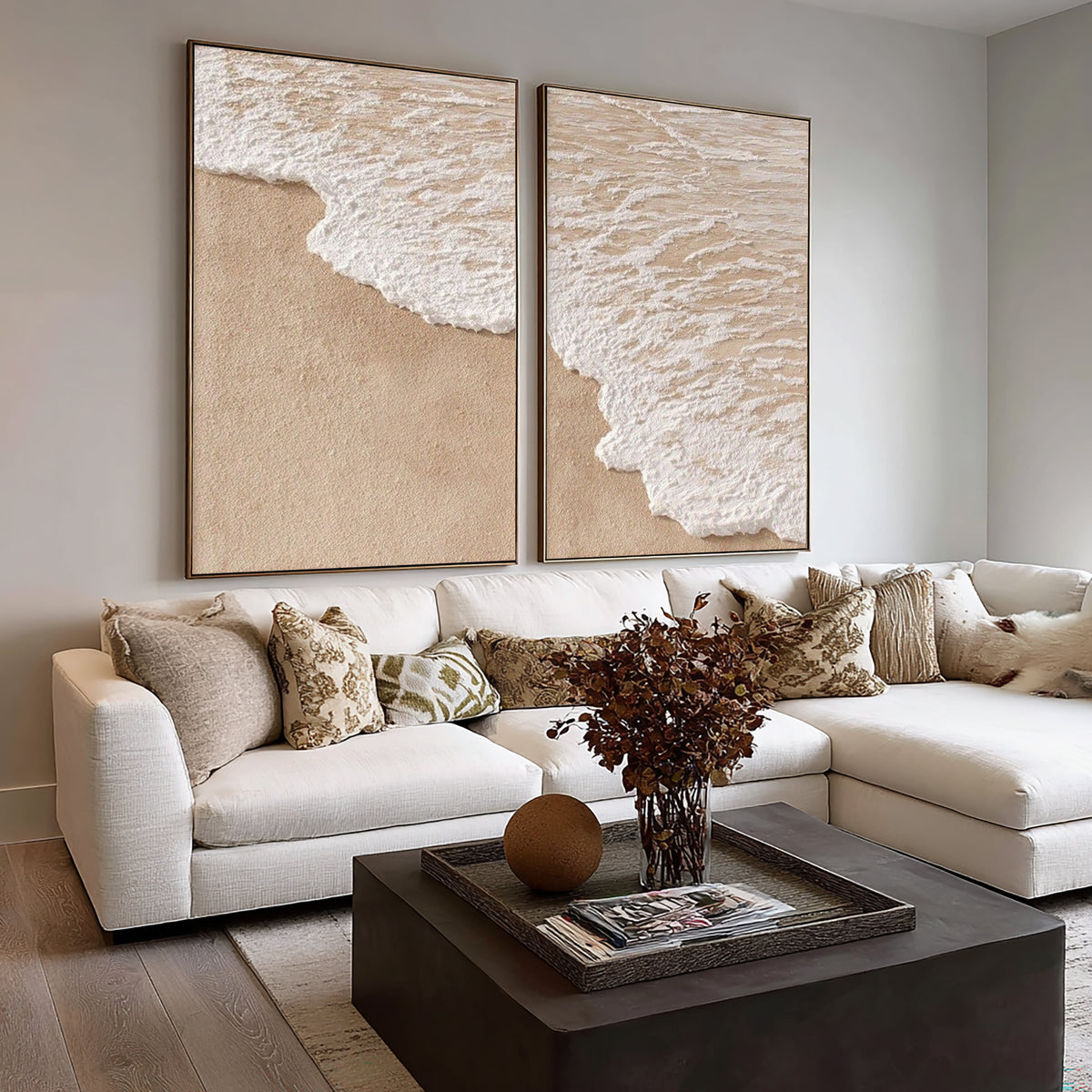 Coastal Forms In Quiet Motion Large Textured Diptych Coastal Wall Art Neutral Abstract Ocean Artwork