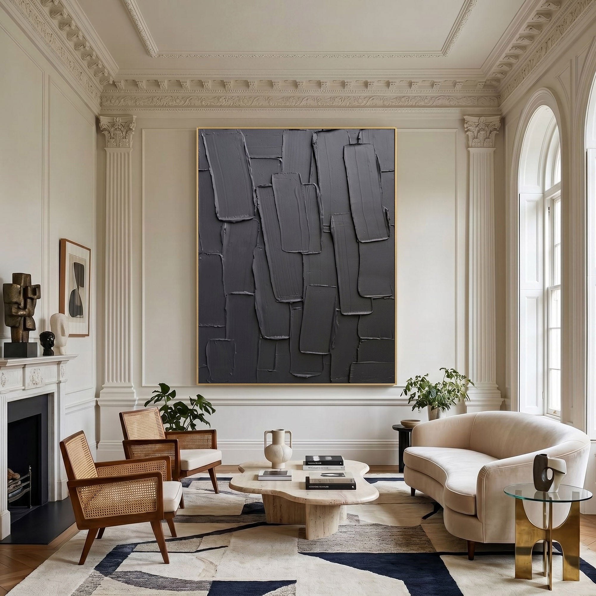 Large Charcoal Textured Wall Art Abstract Oil Painting Modern Impasto Minimalist Luxury Interior Decor