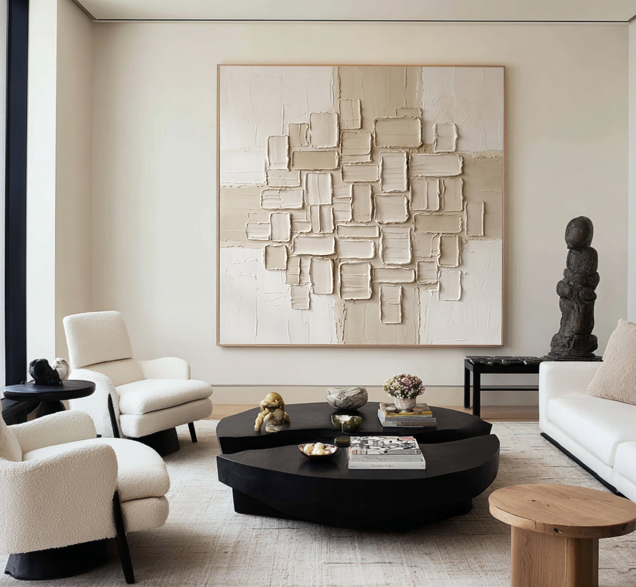 Large Architectural Tile Relief Wall Art Neutral Contemporary Textured Canvas Painting