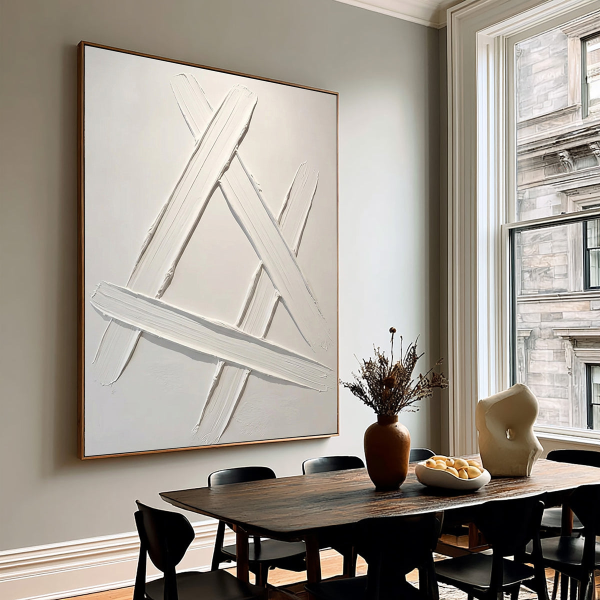 Architectural Lines Sculptural White Abstract Artwork Handmade Textured Geometric Painting Contemporary Wall Decor