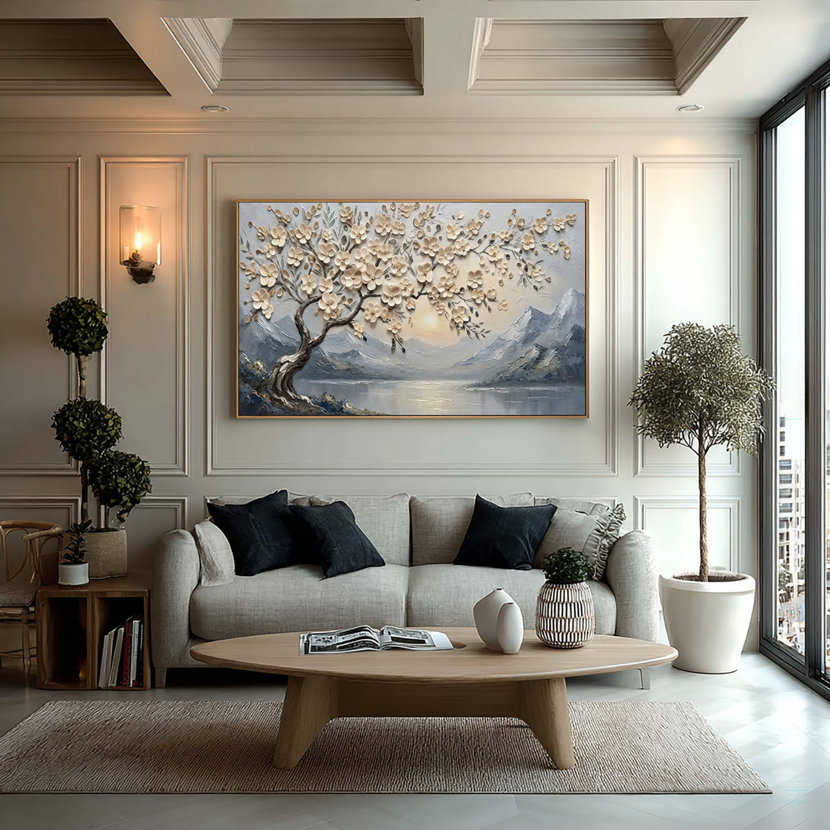 Large Textured Blossom Tree Painting Peaceful Mountain Lake Wall Art