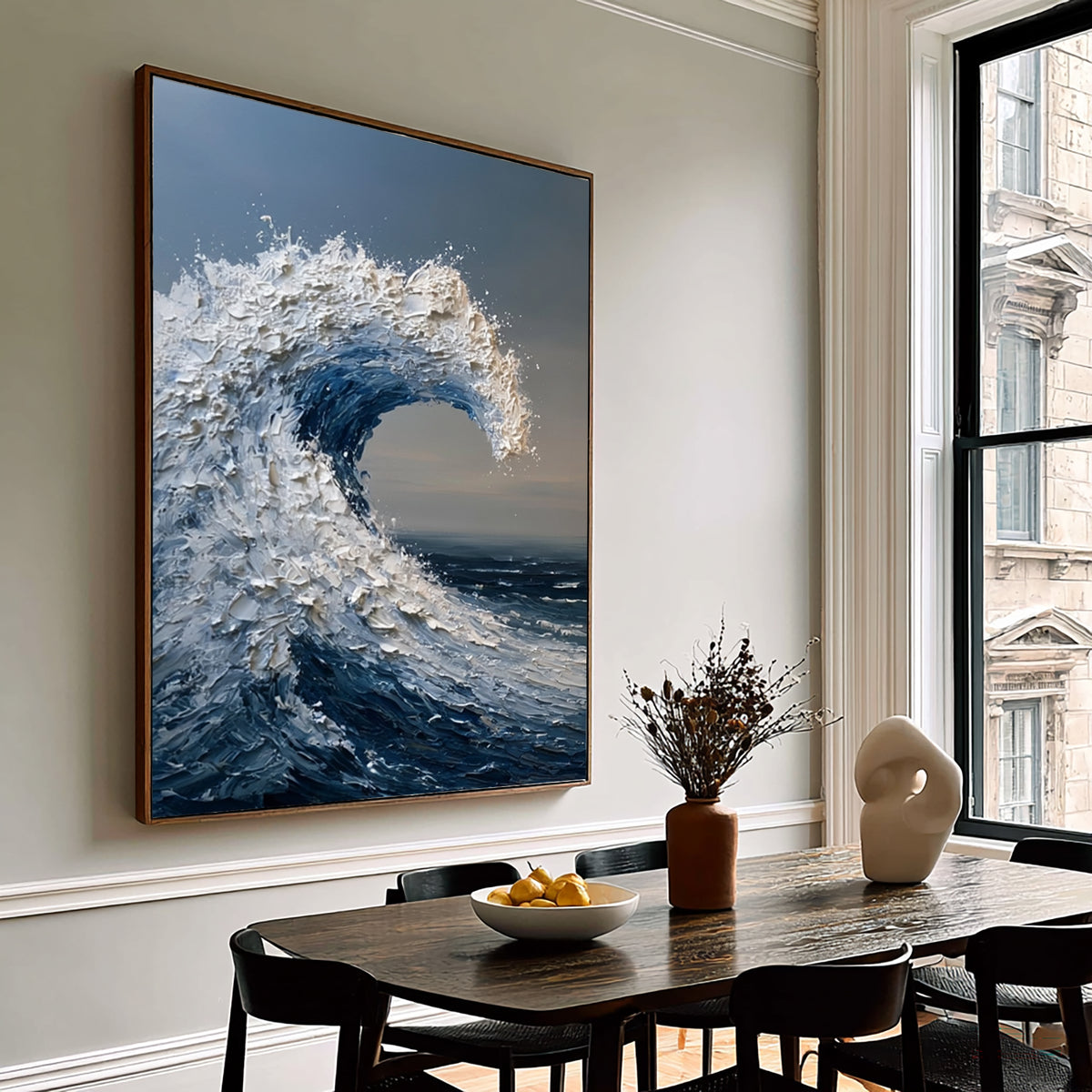 Large Wave Wall Art Textured Oil Painting Ocean Storm Sea Foam Blue Abstract Coastal Artwork Modern Statement Decor
