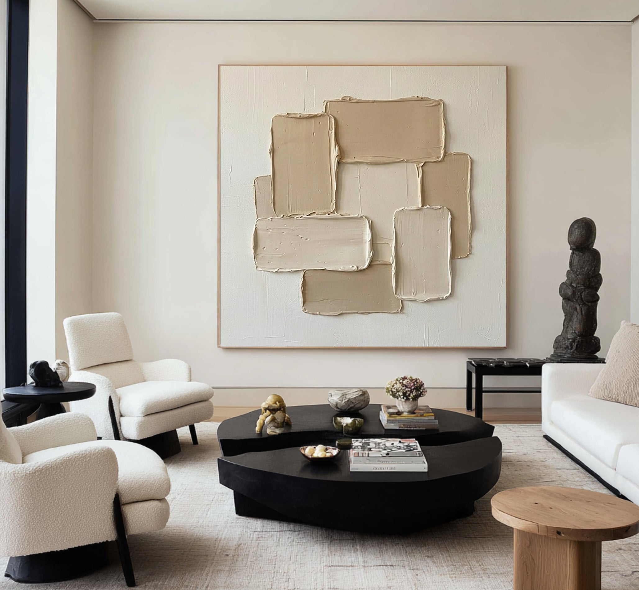 Large Contemporary Oil Painting in Beige and White with Abstract Textured Blocks 