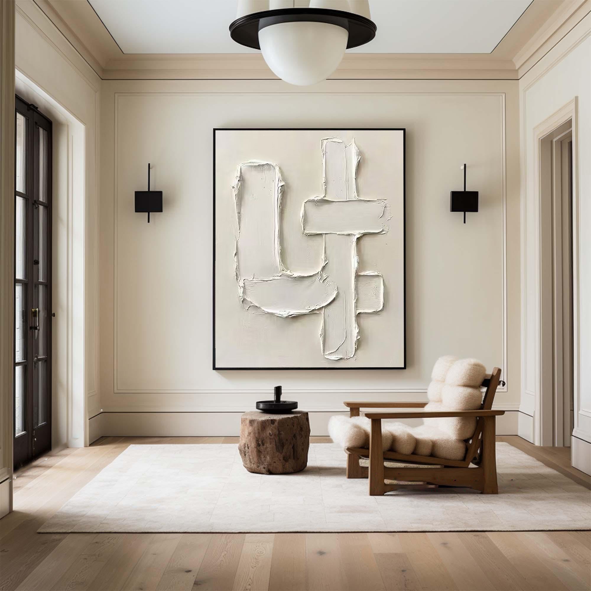 Large Contemporary Abstract Texture Painting in Soft Ivory and Beige