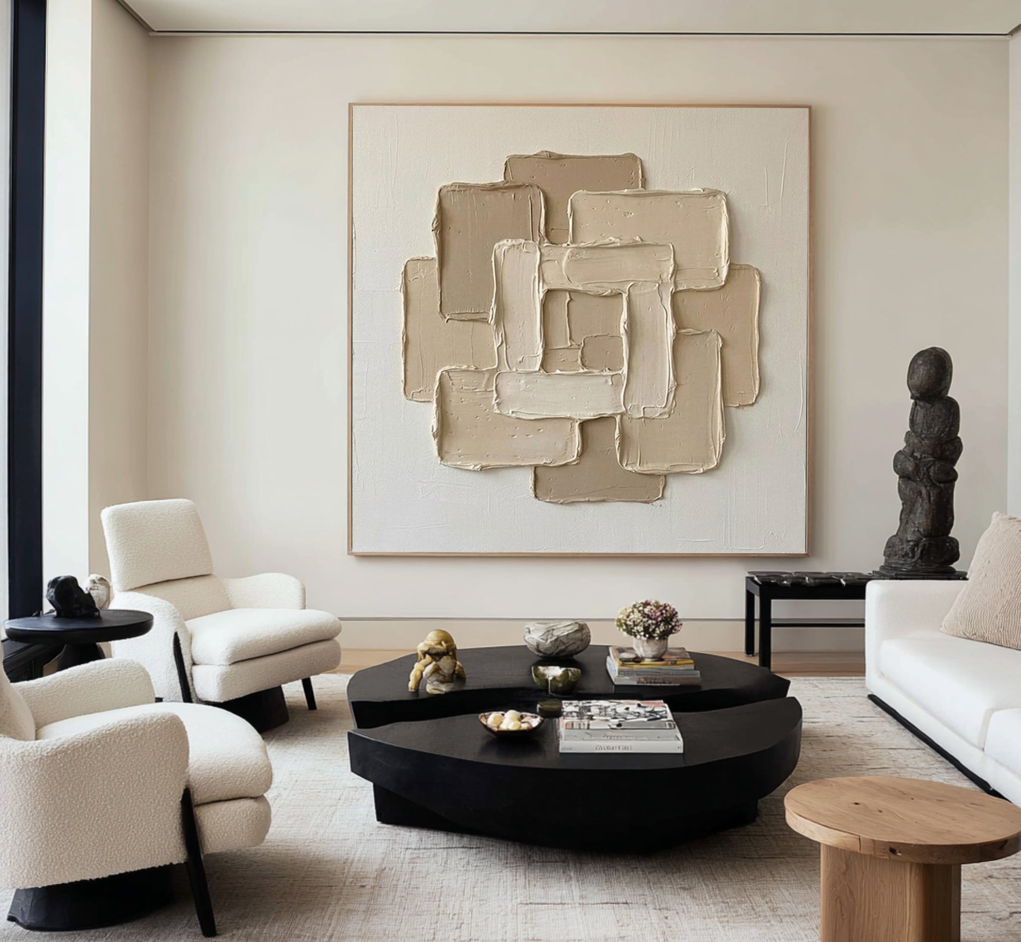 Large Geometric Relief Oil Painting – Neutral Contemporary Canvas Art