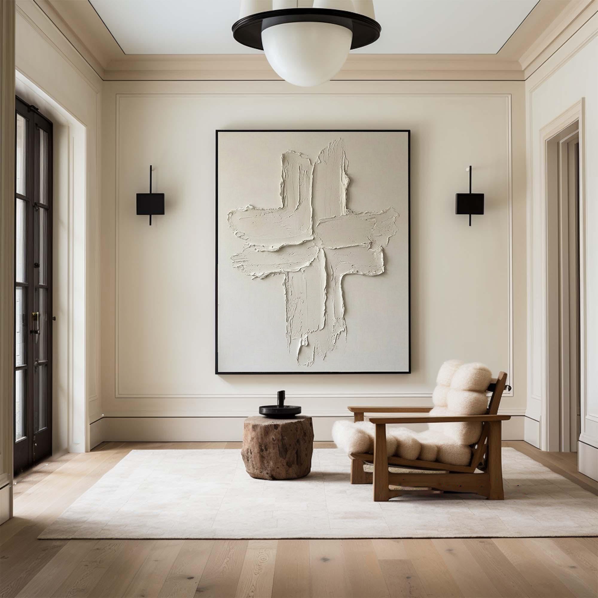 Large Contemporary Relief Painting with Abstract Cross Brush Texture