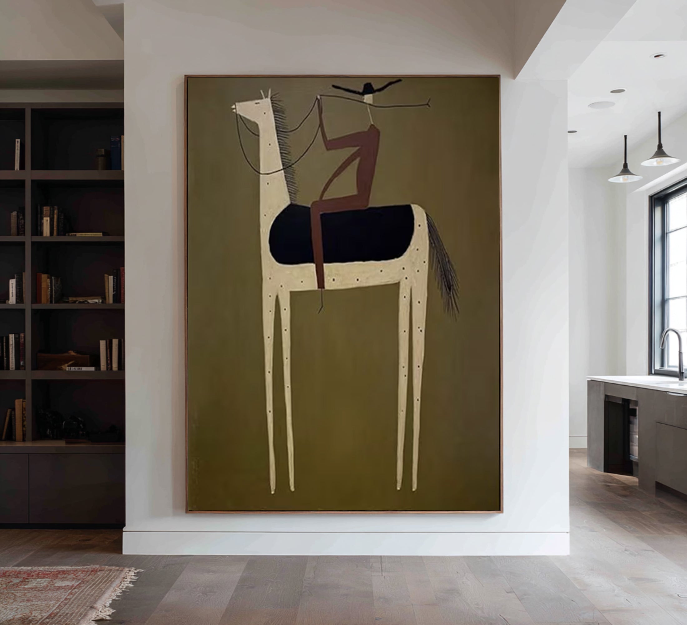 Oversized Olive Green Cowboy Horse Painting Modern Figurative Canvas Art