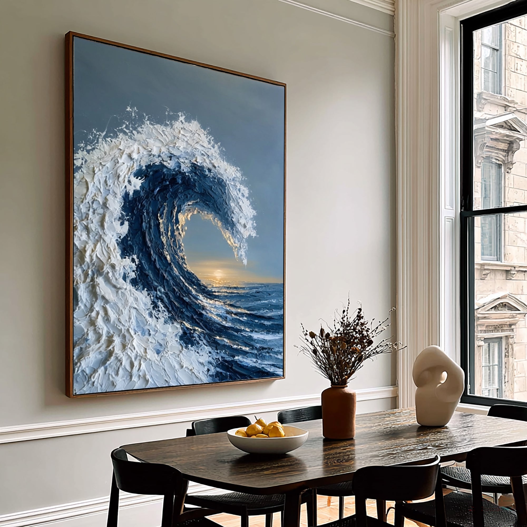 Large Textured Ocean Wave Wall Art Abstract Oil Painting Blue Sea Sunset Horizon Coastal Artwork Modern Home Interior Decor