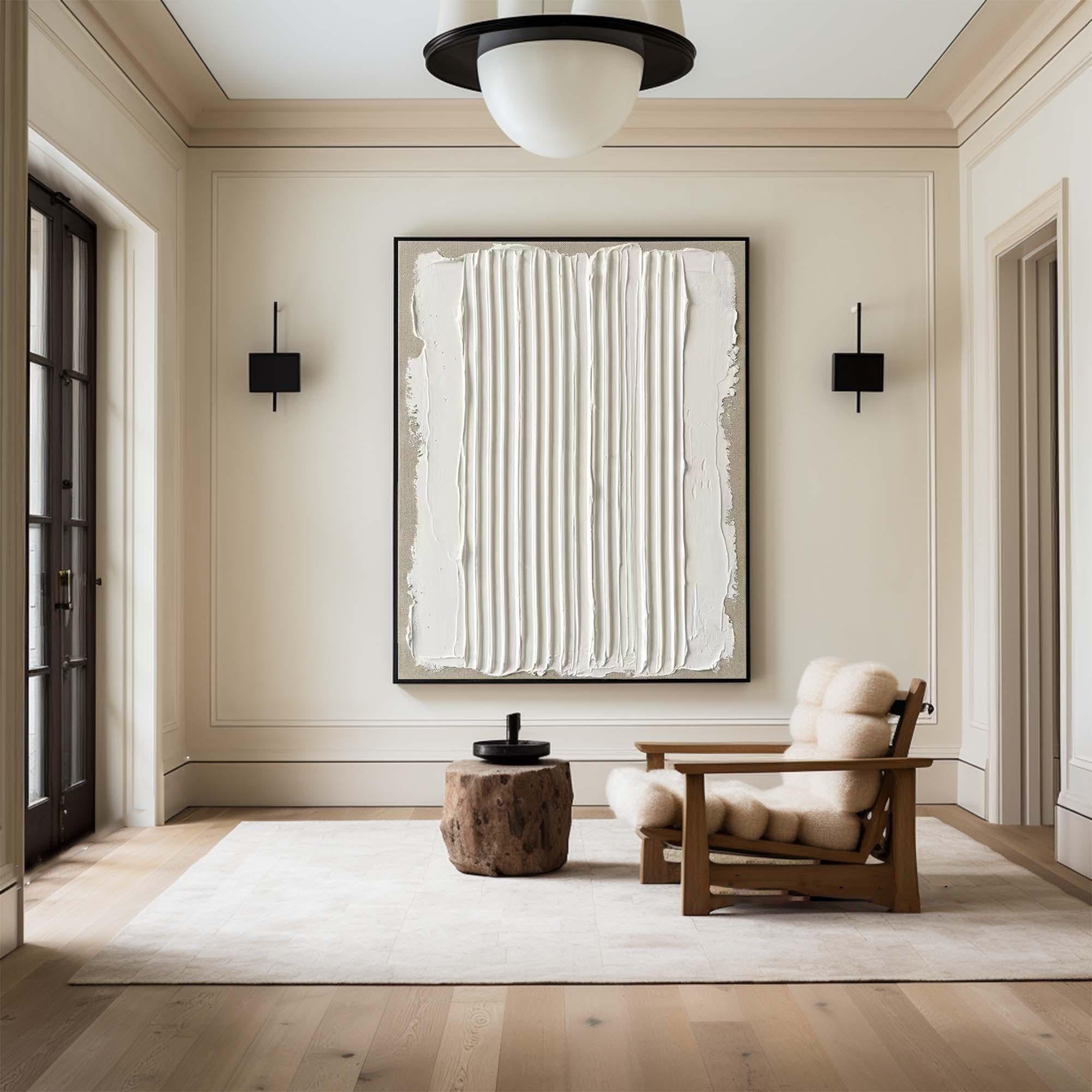 Large Neutral Oil Painting with Vertical Plaster Texture for Contemporary Interiors