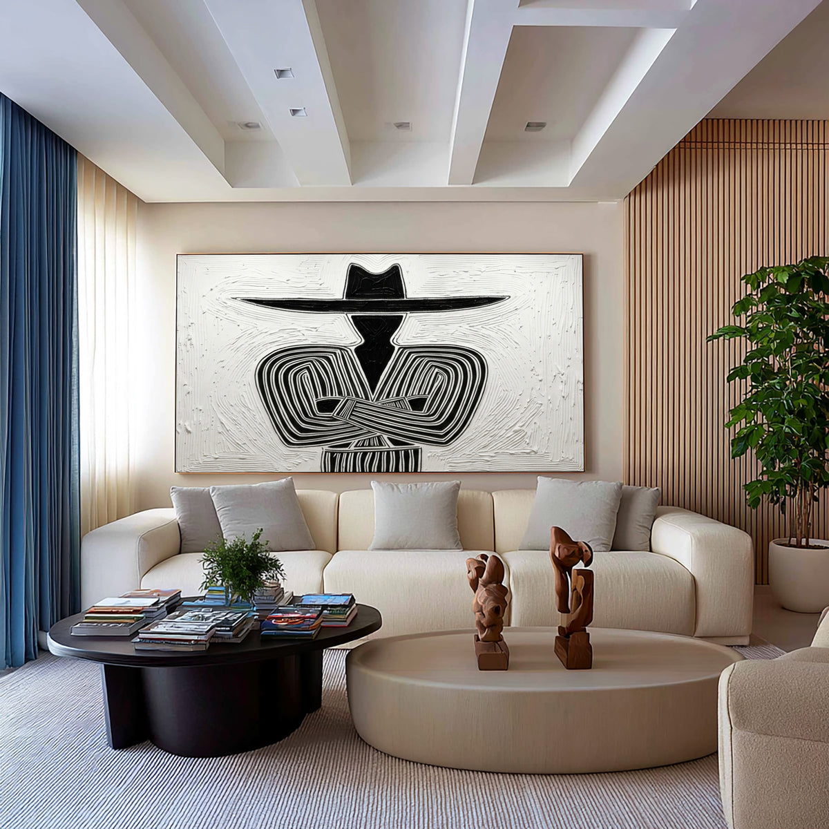 Large Textured Western Cowboy Painting Black White Rustic Wall Art