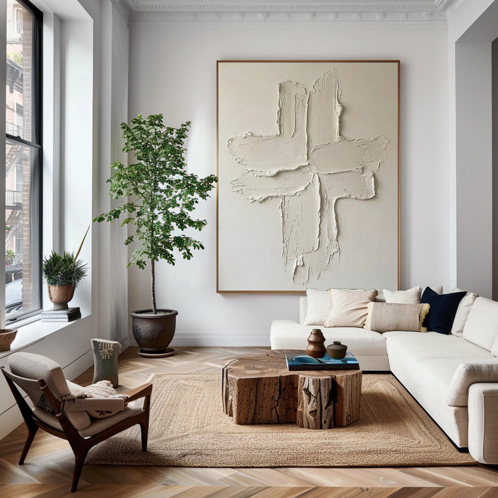 Large Contemporary Relief Painting with Abstract Cross Brush Texture