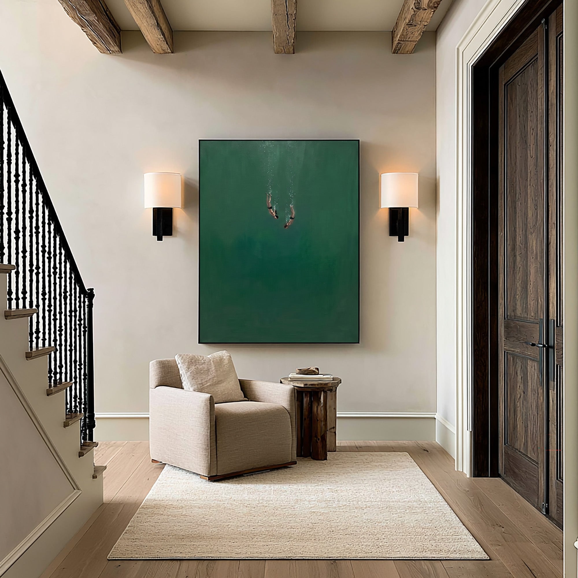 Large Contemporary Ocean Wall Art Minimalist Underwater Divers Oil Painting