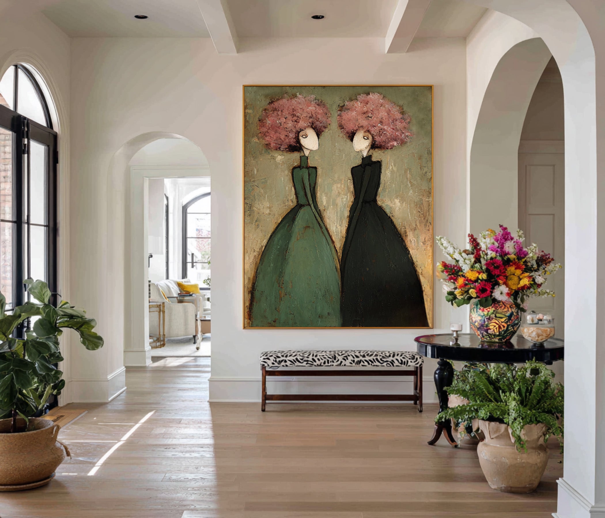 Green Figurative Oil Painting of Two Women #CZ 033