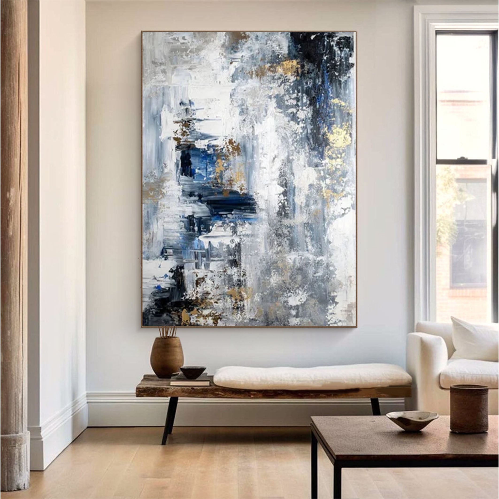 Large Modern Abstract Wall Art Blue and Metallic Painting #AP 062