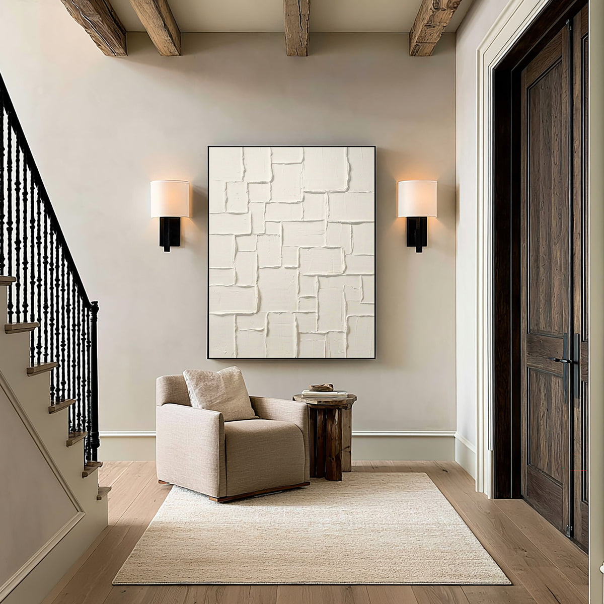 Large Architectural Block Relief Wall Art Ivory White Textured Abstract Painting Contemporary Interior Decor