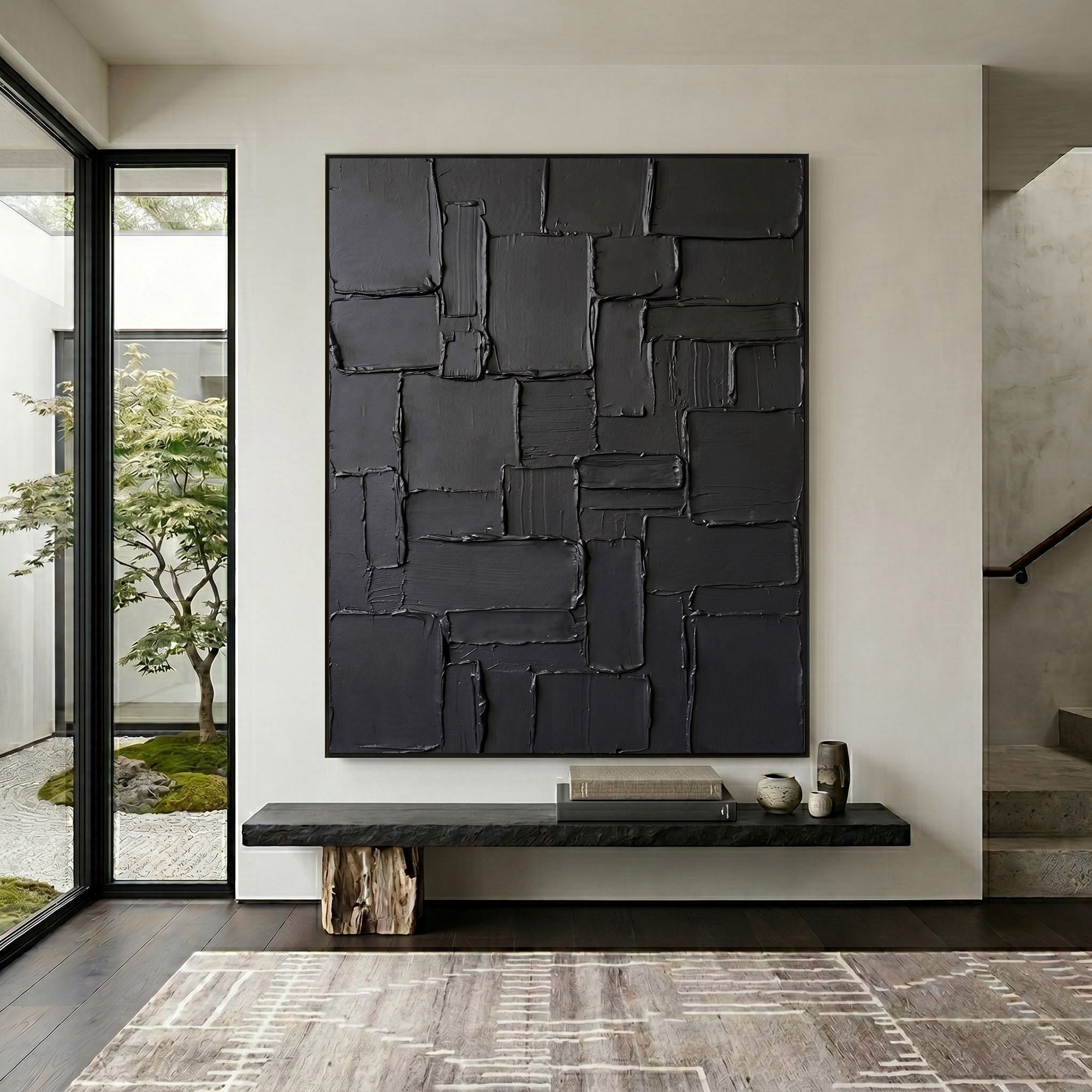 Large Black Abstract Wall Art Geometric Textured Oil Painting Modern Impasto Contemporary Interior Decor