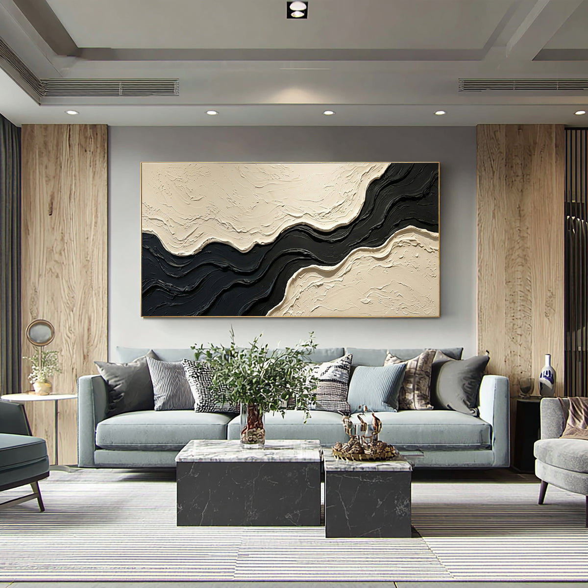 Large Contemporary Gallery Textured Abstract Wall Art Black Ivory Oil Painting Modern Luxury Interior Artwork