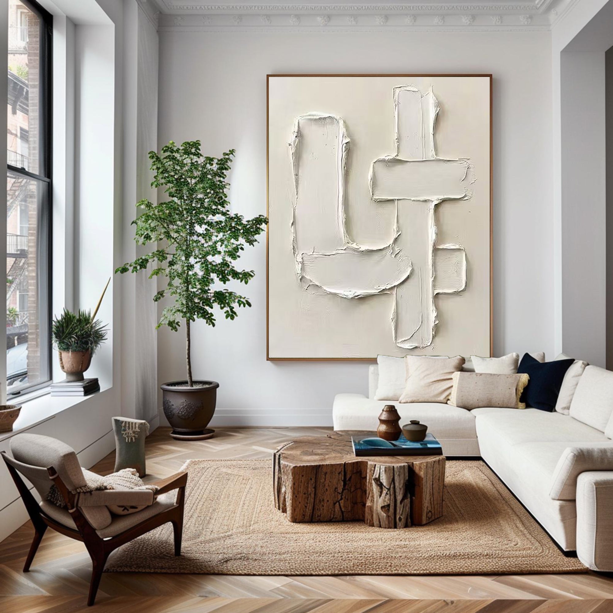 Large Contemporary Abstract Texture Painting in Soft Ivory and Beige