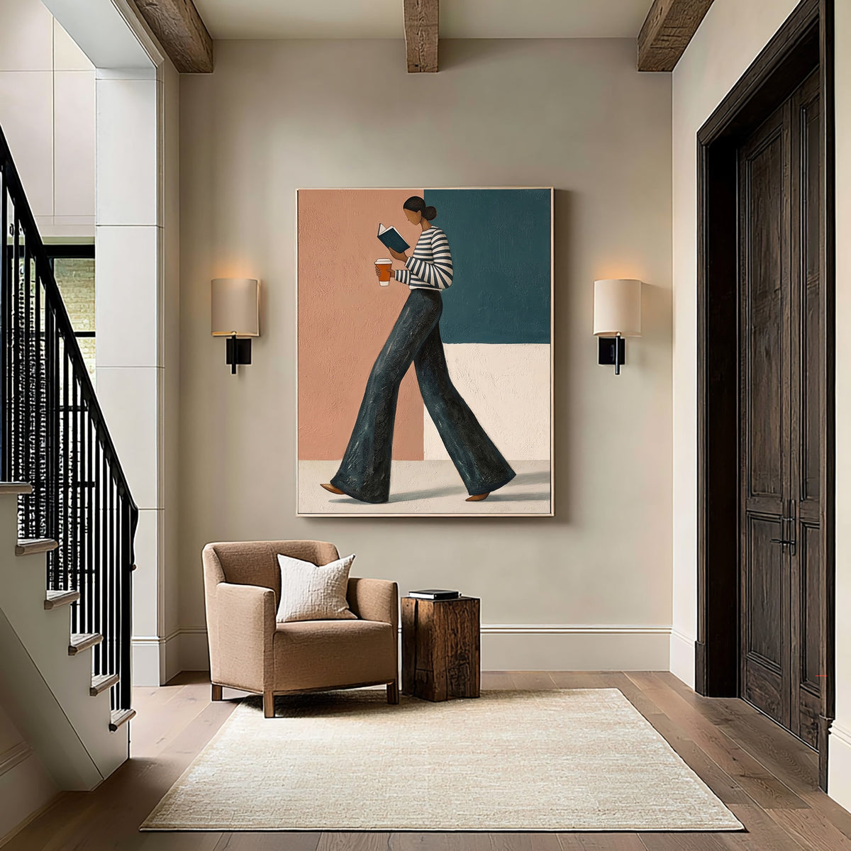 Contemporary Female Figure Painting Striped Shirt Coffee Wall Art