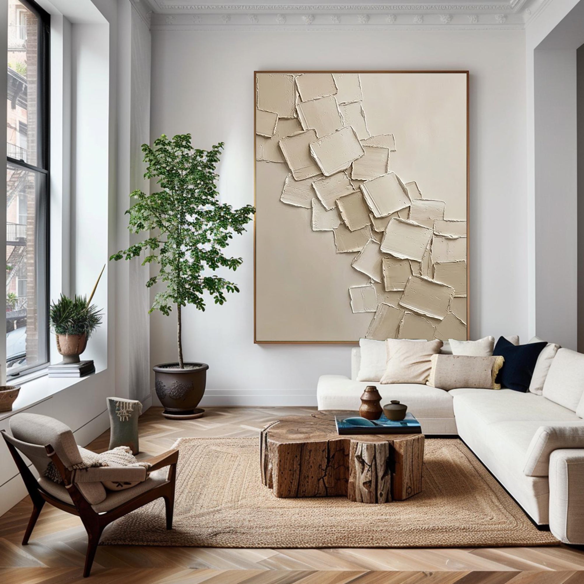 Large Beige Abstract Oil Painting #KRA 001
