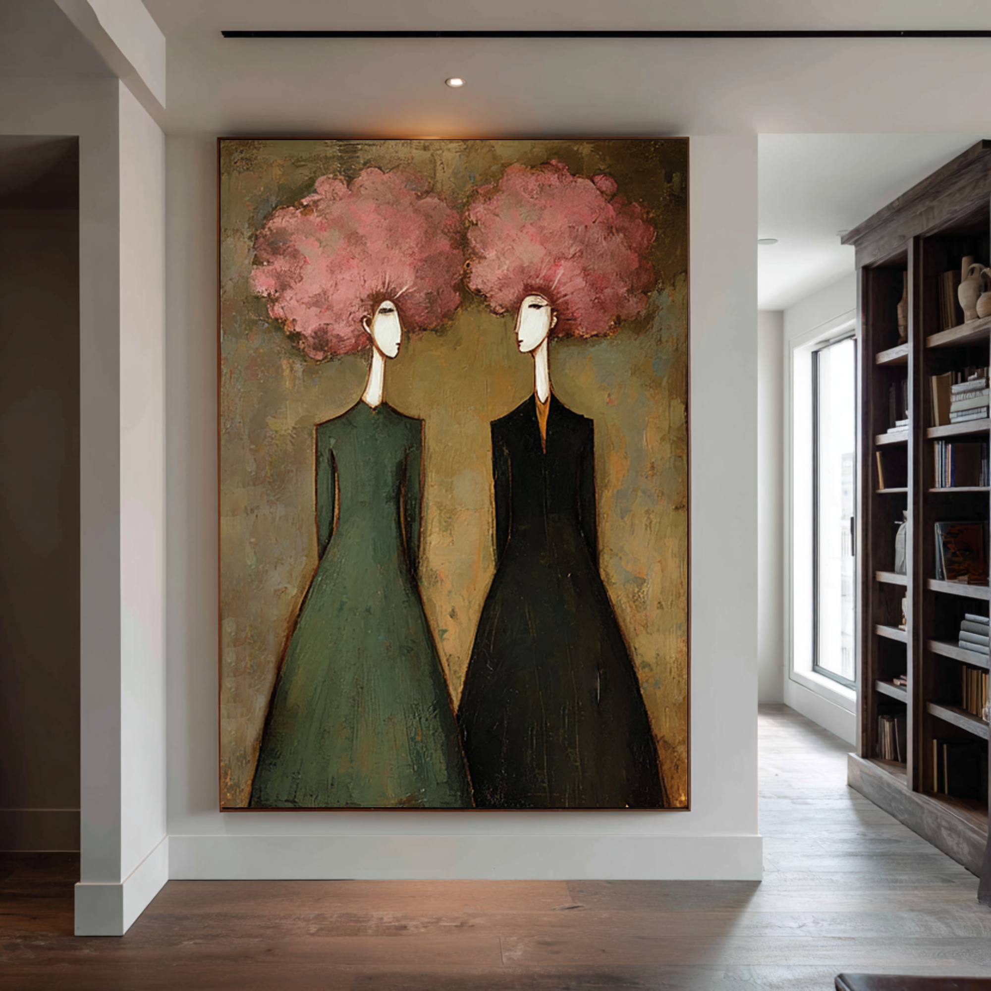 Elegant Figurative Oil Painting in Green and Pink #CZ 050