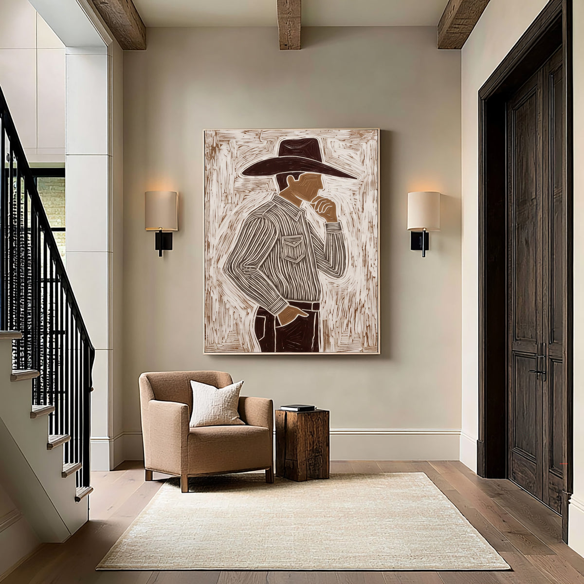 Hand Painted Cowboy Portrait Modern Western Wall Art