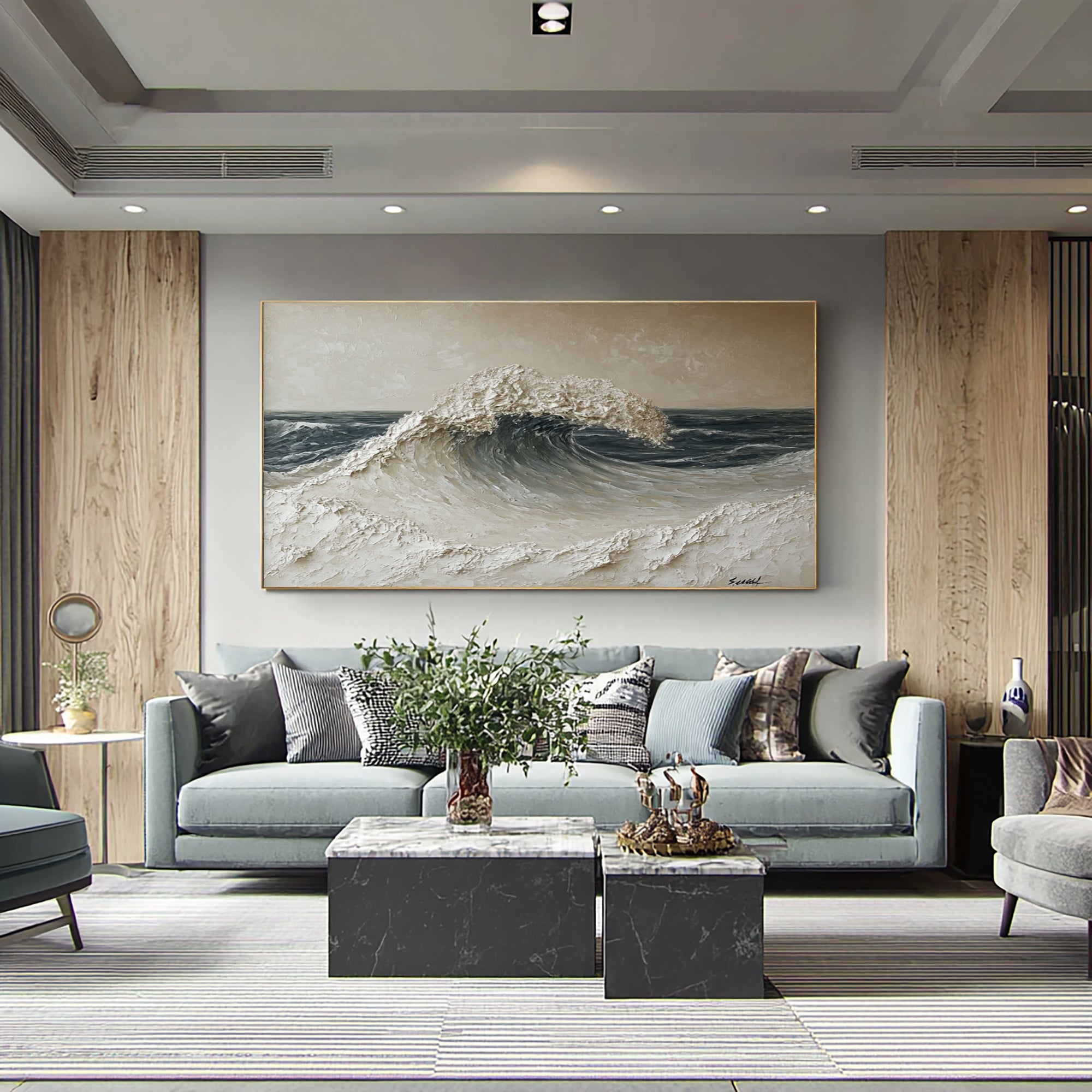 Large Abstract Ocean Wave Wall Art Textured Oil Painting Seascape Cowboy Cowgirl Inspired Vintage Americana Western Artwork Modern Home Decor