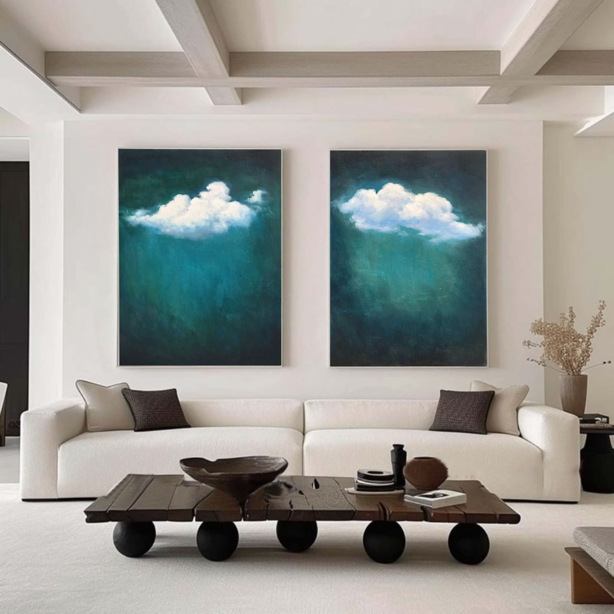 Teal Tranquility Cloud Paintings for Modern Home Decor Set Of 2 #OS 059