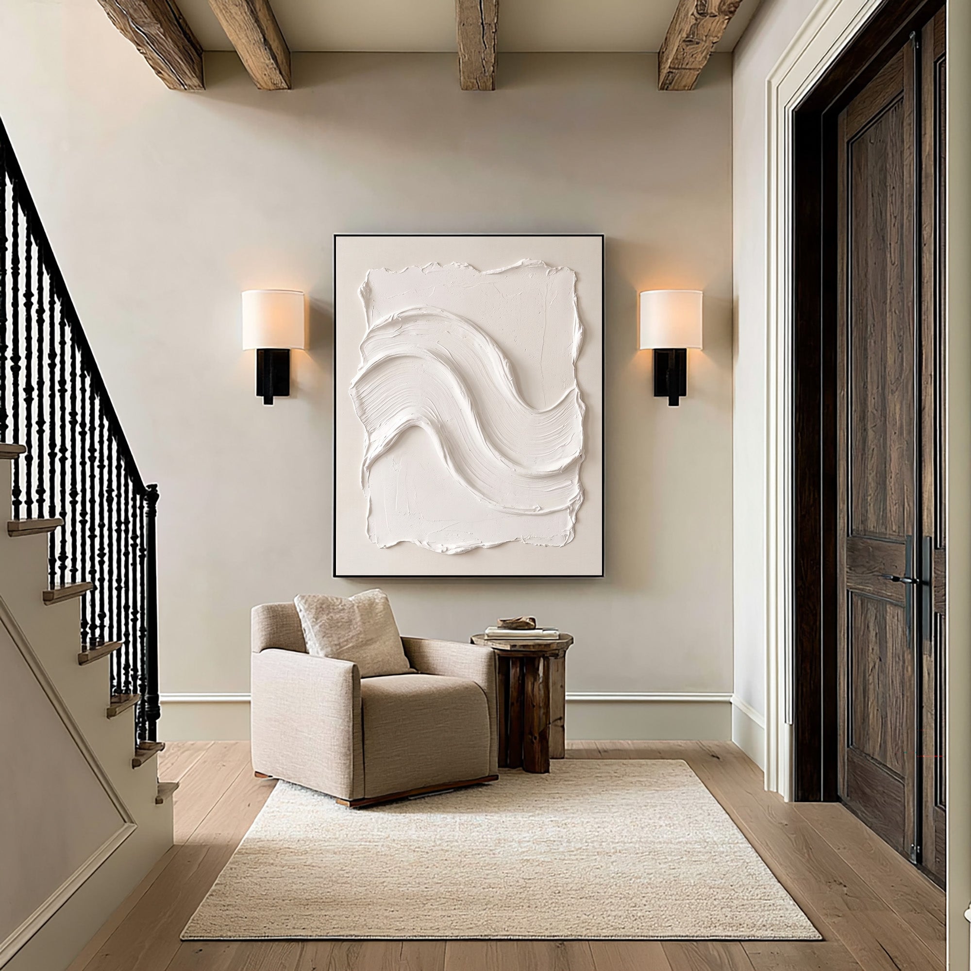 Large Minimalist White Wall Art Textured Oil Painting Abstract Wave Relief Artwork Modern Neutral Interior Decor