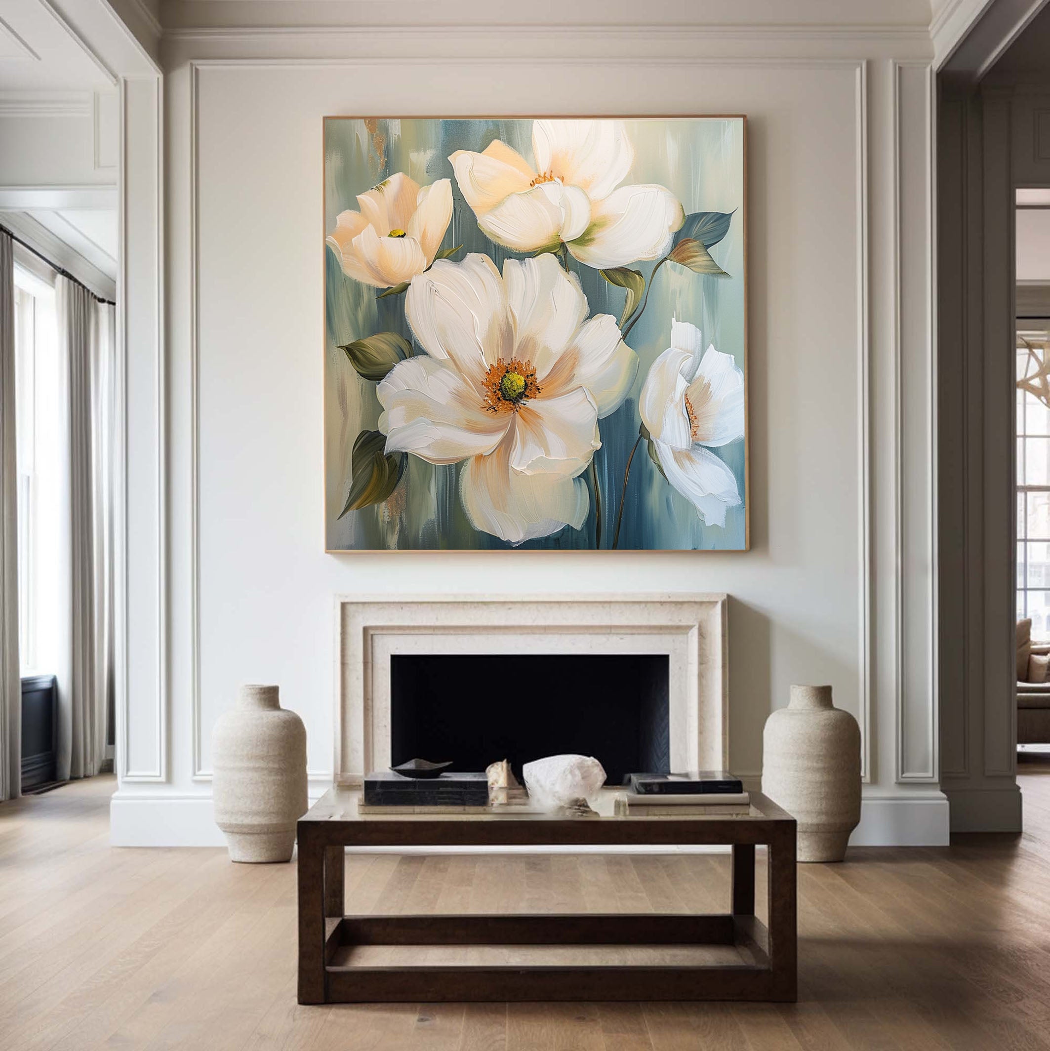 Large Floral Wall Art Tranquil White Blooms on Canvas #FT 019