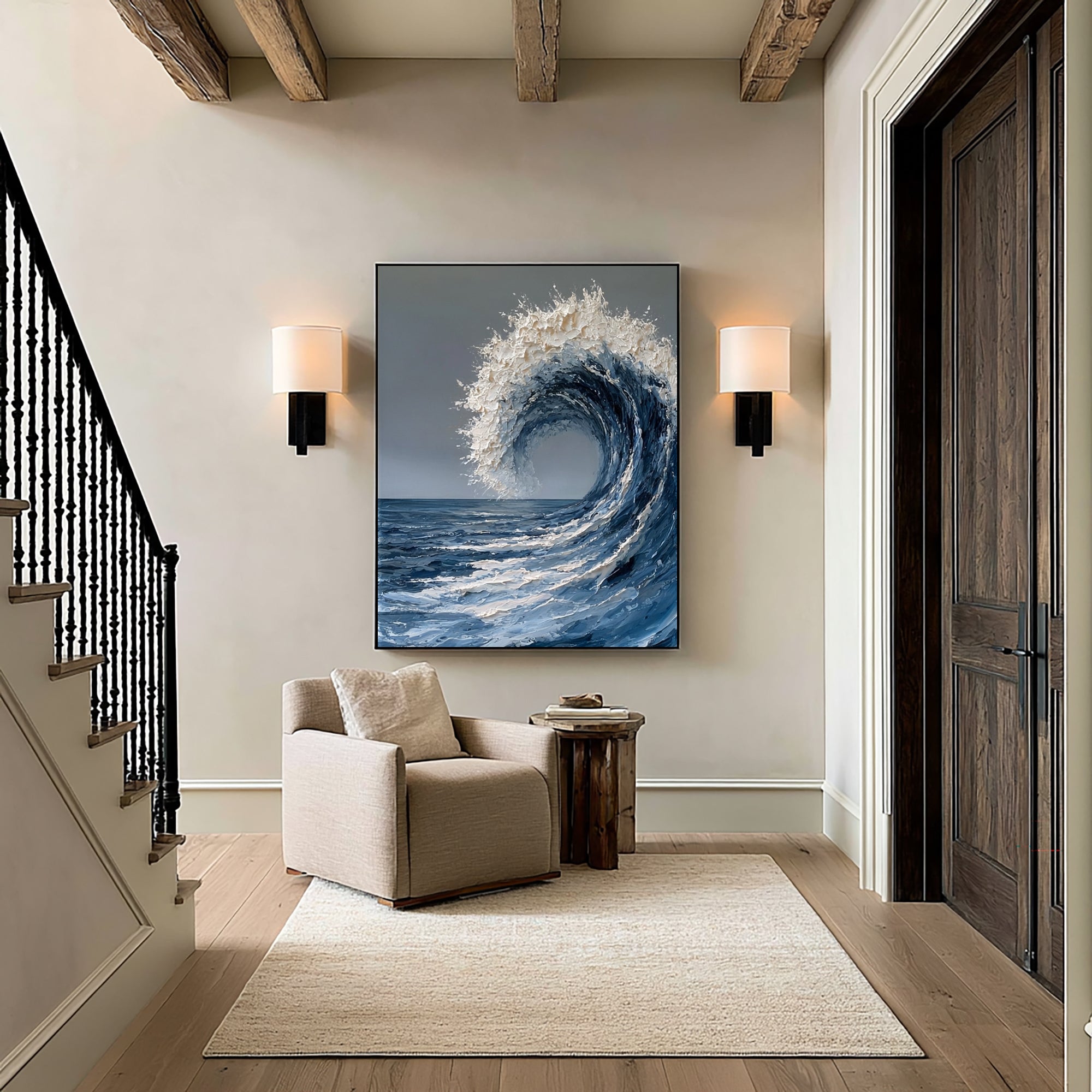 Large Textured Ocean Wave Wall Art Abstract Oil Painting Blue Sea Foam Coastal Artwork Modern Beach House Luxury Decor